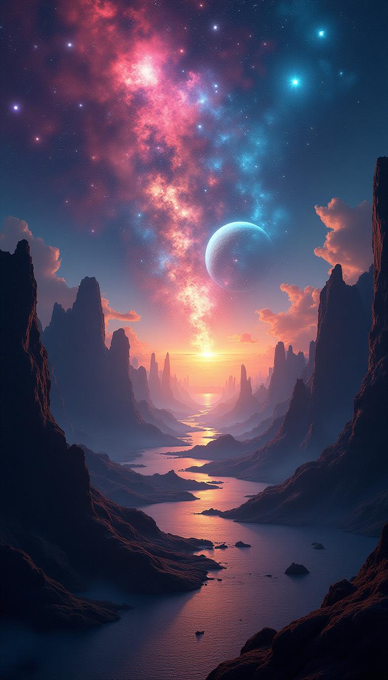 an intersection of universes, the place where the 19-dimensional manifolds of the infinite combine into an melange of colors, landscapes, galaxies, and planets, sharp focus, intricate, cinematic color, extremely detailed, beautiful, light, stunning, highly detail, winning grand amazing artistic, great composition, ambient, epic, fine vivid, dynamic, elegant, pure brilliant quality