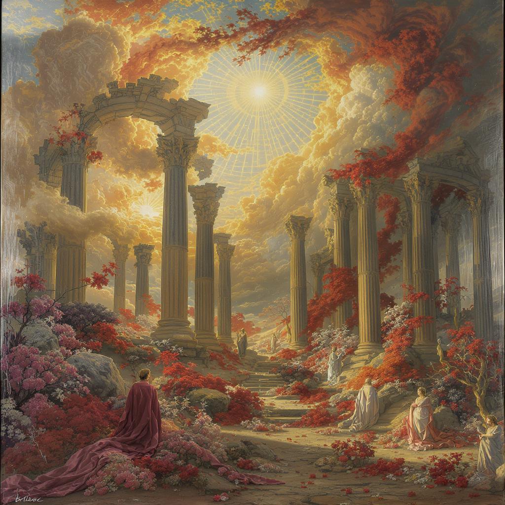 a renaissance painting of romantic ruins, massive royal holy majestic, elegant, highly detailed, saturated colors, cinematic, vivid composition, beautiful light, sharp, focus, intricate,, atmosphere, extremely complimentary color, perfect, aesthetic, very inspirational, innocent, fine detail, clear artistic, novel, gorgeous, amazing scenic background, creative, appealing, awesome, dramatic ambient, thought