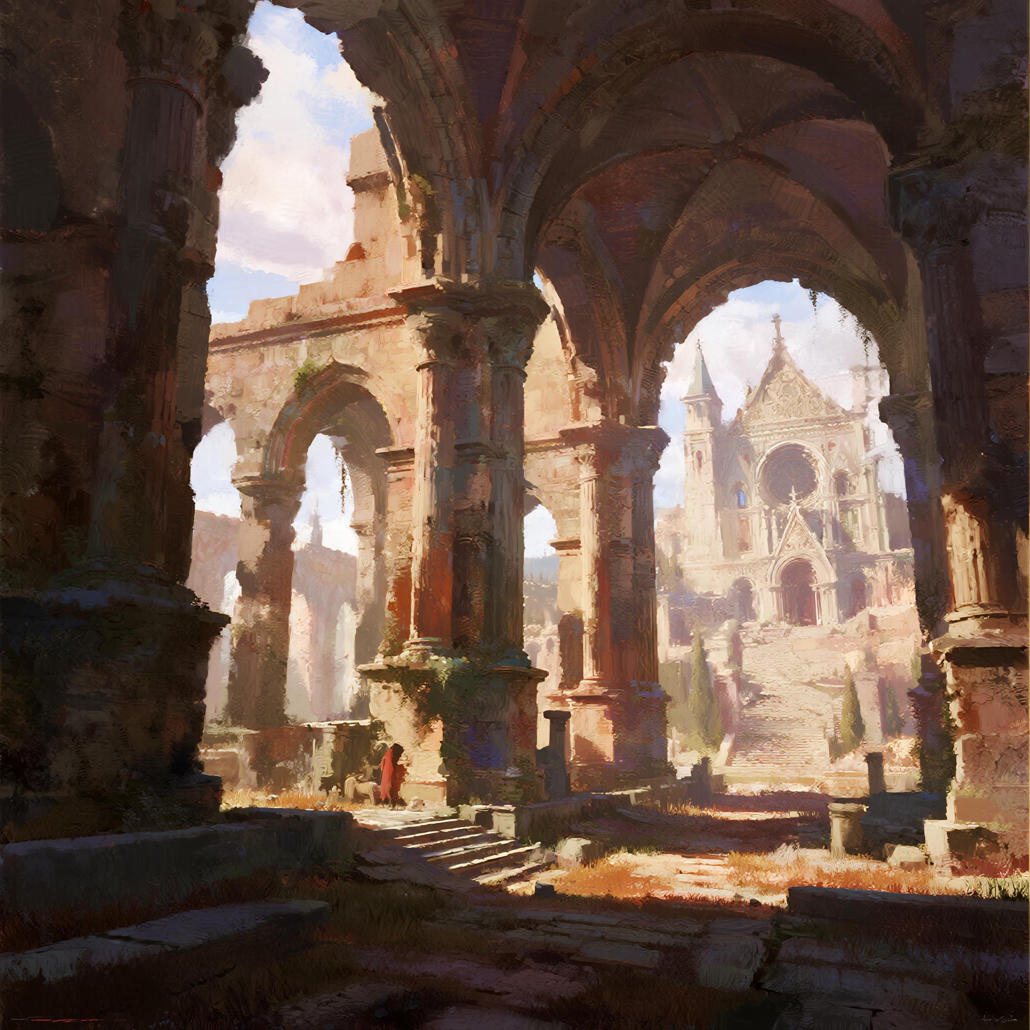 a renaissance painting of romantic ruins, massive royal holy majestic, elegant, highly detailed, saturated colors, cinematic, vivid composition, beautiful light, sharp, focus, intricate,, atmosphere, extremely complimentary color, perfect, aesthetic, very inspirational, innocent, fine detail, clear artistic, novel, gorgeous, amazing scenic background, creative, appealing, awesome, dramatic ambient, thought