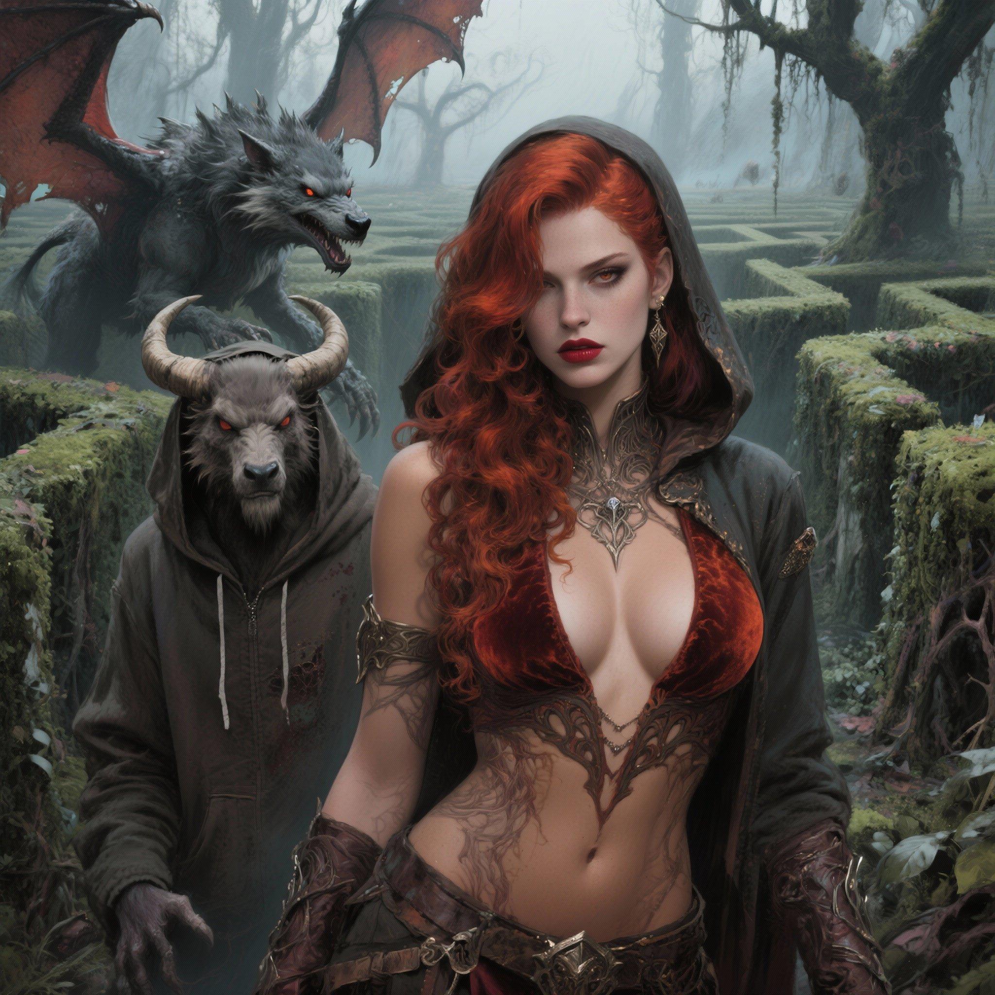 chilling, mysterious woman, Tan Skin, Redhead with half-up half-down style and loose curls, rust velvet lipstick, A decaying, overgrown maze with unsettling whispers echoing through the hedges, dragon, werewolf, minotaur, open hoodie, trending on Artstation,masterpiece, best quality , realistic anatomy, model, D & D, fantasy, intricate, elegant, cleavage, highly detailed, artwork by rosstran, rossdraws