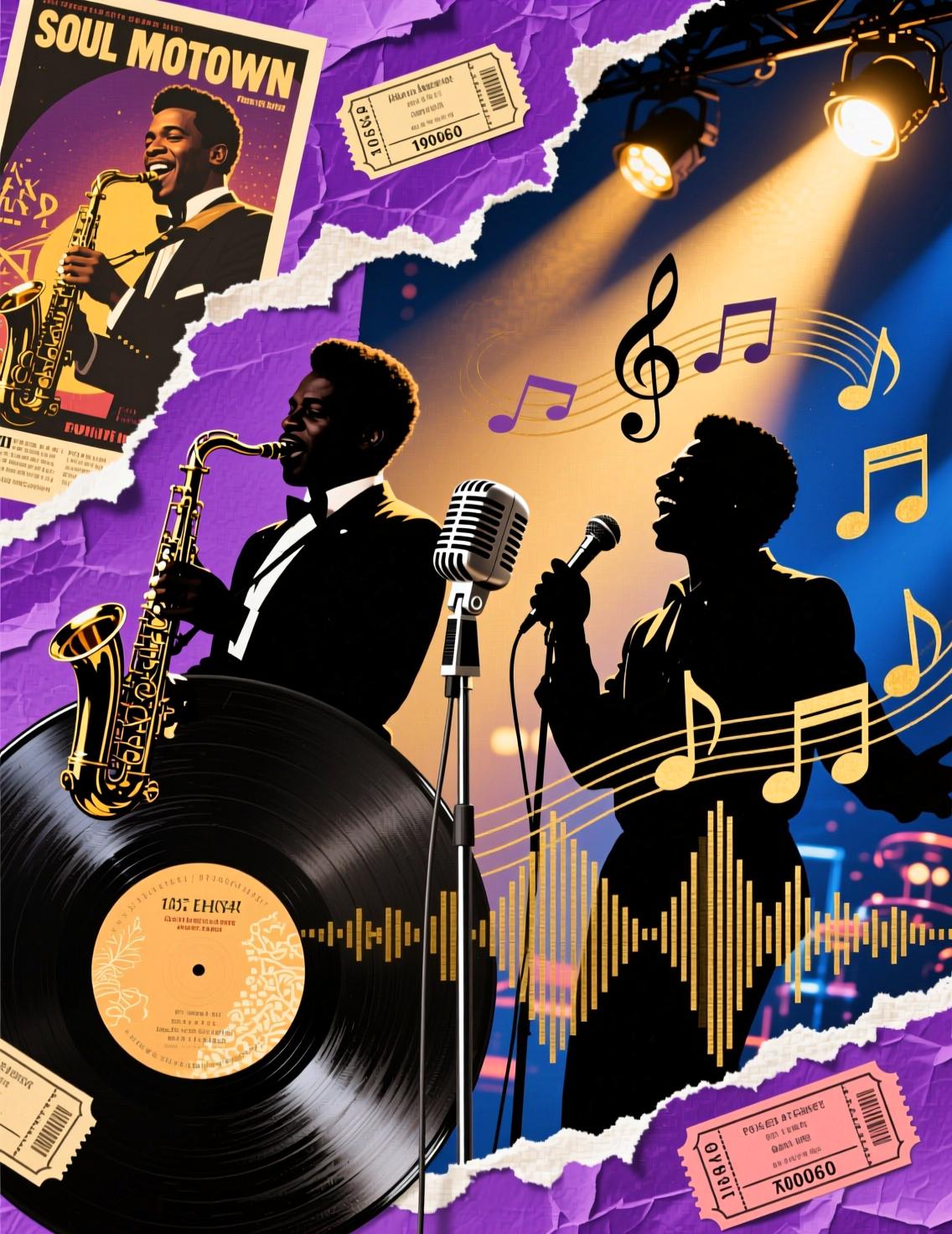 A music-themed collage featuring Afro-American jazz, soul, and Motown icons from the 1960s, layered vinyl records, microphones, stage lights, singers in action poses, musical notes swirling. Background of concert posters, torn paper, ticket stubs. Warm purples, golds, deep blues with rhythmic layout. Created Using: photo and paper collage, glibatree prompt, retro music ephemera, vibrant layering, textured vinyl records, expressive silhouettes, motion effect overlays, nostalgic atmosphere, soundwave-inspired design, tactile surface blending --ar 16:9 --exp 25 --raw