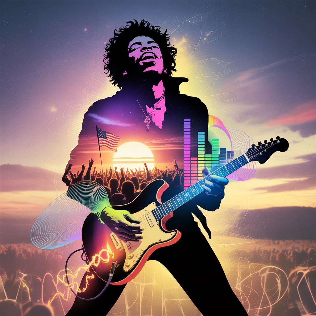 Create a hyper-realistic, emotionally charged double exposure composition featuring the silhouette of Jimi Hendrix, caught mid-performance at Woodstock, head tilted back, eyes closed, mouth open in raw expression, his guitar blazing with energy. The silhouette embodies not just a musician, but the revolution of sound and freedom. Inside the Silhouette: A massive festival crowd stretching to the horizon, bathed in golden sunset light, hands raised in euphoria. Waves of psychedelic visuals pulse across the interior: swirling neon fractals, glowing sound waves, and a cascade of fiery sparks trailing from his guitar strings. A faint American flag drifts like smoke in the background, layered with glowing equalizer bars and flowing rainbow hues. Atmosphere & Lighting: A palette of vibrant purples, electric blues, and fiery oranges, contrasted by deep shadows. Lens flares from stage lights, slow-motion smoke drifting in the air, and motion blur from swinging arms enhance the drama. Background Environment: A smooth cinematic gradient of dusk tones, fading into subtle projections of Woodstock posters and vintage typography. Soft haze, glowing embers, and starry night sky creeping into the edges of the frame create a timeless aura. Stylistic Enhancements: Hyper-detailed skin, sweat glistening under stage lights, realistic fabric textures of his flamboyant clothing, psychedelic overlay patterns, subtle film grain. Mood & Style Tags: Hyper-realistic | Double Exposure | Cinematic | Psychedelic | Legendary | Music History --ar 2:3