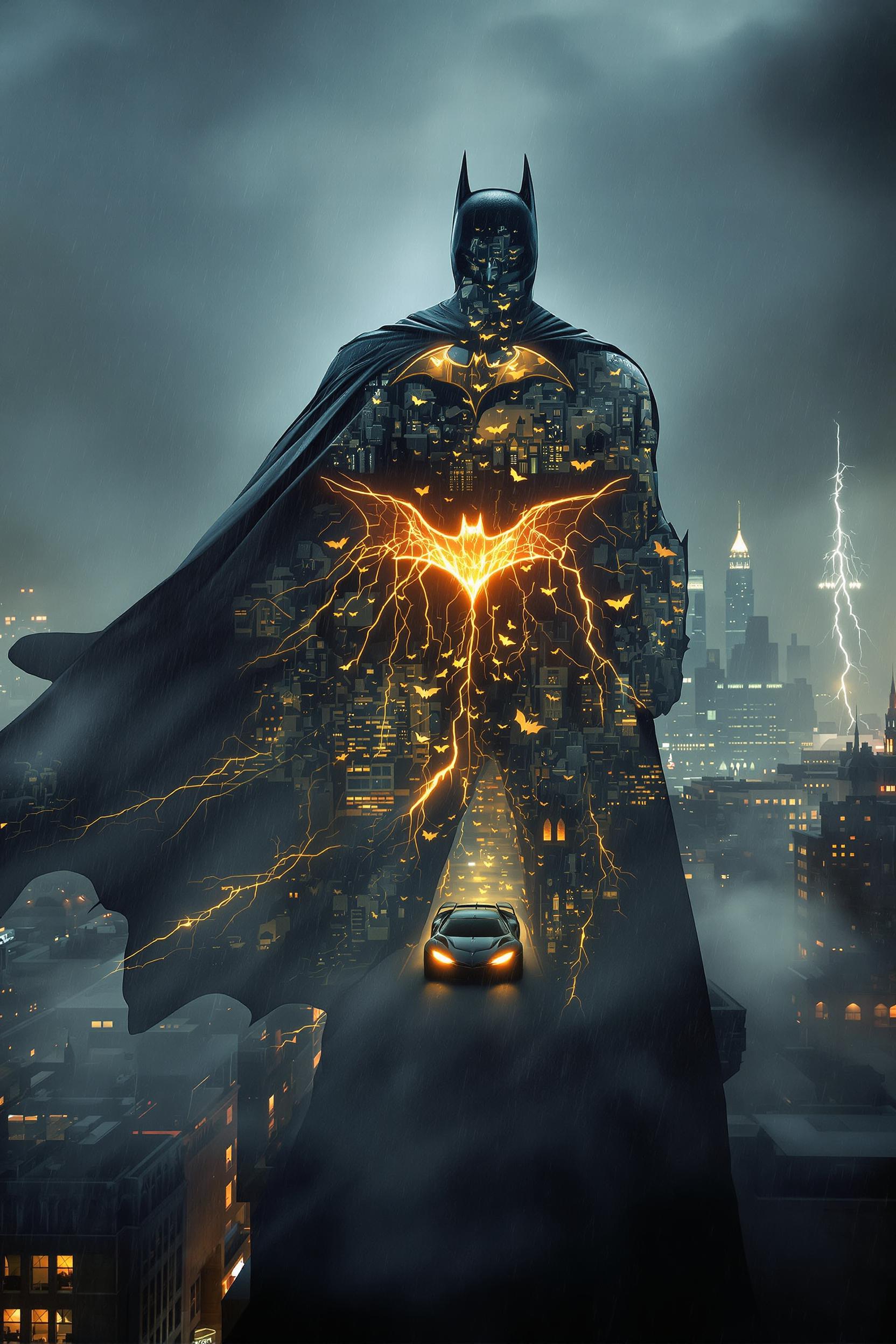 Create a hyper-realistic, emotionally charged double exposure composition featuring the silhouette of Batman, standing tall on a Gotham rooftop, cape flowing in the wind, his form rigid, mysterious, and iconic. The silhouette represents not just a hero, but the mythos of justice and vengeance. Inside the Silhouette: A stormy Gotham skyline under lightning flashes and glowing bat-signal beams cutting through fog. Symbolic overlays: swarms of bats swirling inside his torso, holographic overlays of crime reports and detective data across his arms, and faint shadows of villains lurking in the background. The Batmobile streaks through rain-slicked streets beneath him, its glowing headlights forming light trails. Atmosphere & Lighting: Dark cinematic tones of deep indigo, metallic greys, and golden spotlight accents. Lens flares from city lights, motion blur in the rain, glowing mist around skyscrapers. Background Environment: Foggy Gotham streets stretching into infinity, subtle overlays of gothic gargoyles and crumbling skyscrapers. Red neon reflections shimmer in puddles, amplifying noir atmosphere. Stylistic Enhancements: Textured armor, hyper-detailed cape fabric, reflective metallic gadgets, cinematic rain droplets, shallow depth of field. Mood & Style Tags: Hyper-realistic | Double Exposure | Cinematic | Dark | Gothic | Legendary | Storytelling --ar 2:3