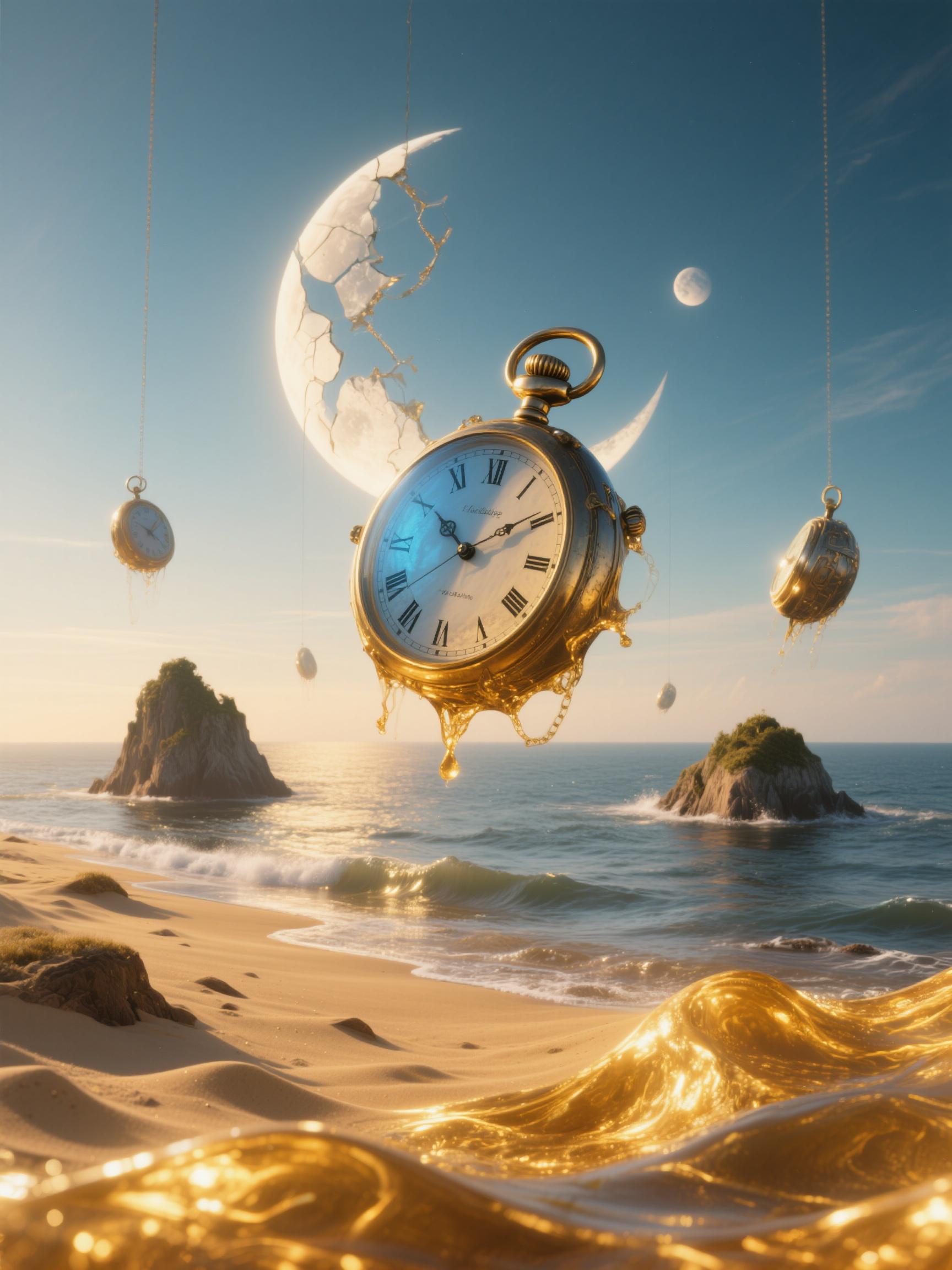 A surreal dreamscape where giant pocket watches drift as islands across a glowing ocean, molten gold sand flowing like waves, fractured moons hanging low in the horizon, emotional aura of nostalgia and eternity, cinematic lighting with sapphire shadows and golden highlights, centered composition with dramatic horizon line, ultrachromatic textures blending water, metal, and light, 124K resolution, 300 dpi poster sharpness 