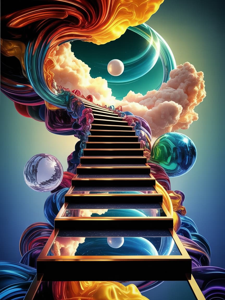 A surreal dreamscape where an endless staircase floats through the sky, each step a glowing mirror reflecting alternate worlds, clouds swirl around glowing orbs suspended in midair, emotional sense of transcendence and infinite possibility, ethereal ambient lighting in radiant amethyst, silver, and teal hues, low-angle cinematic perspective emphasizing scale, textures blending glass, stone, and vapor, 64K ultra high detail, 300 dpi clarity for metallic prints 