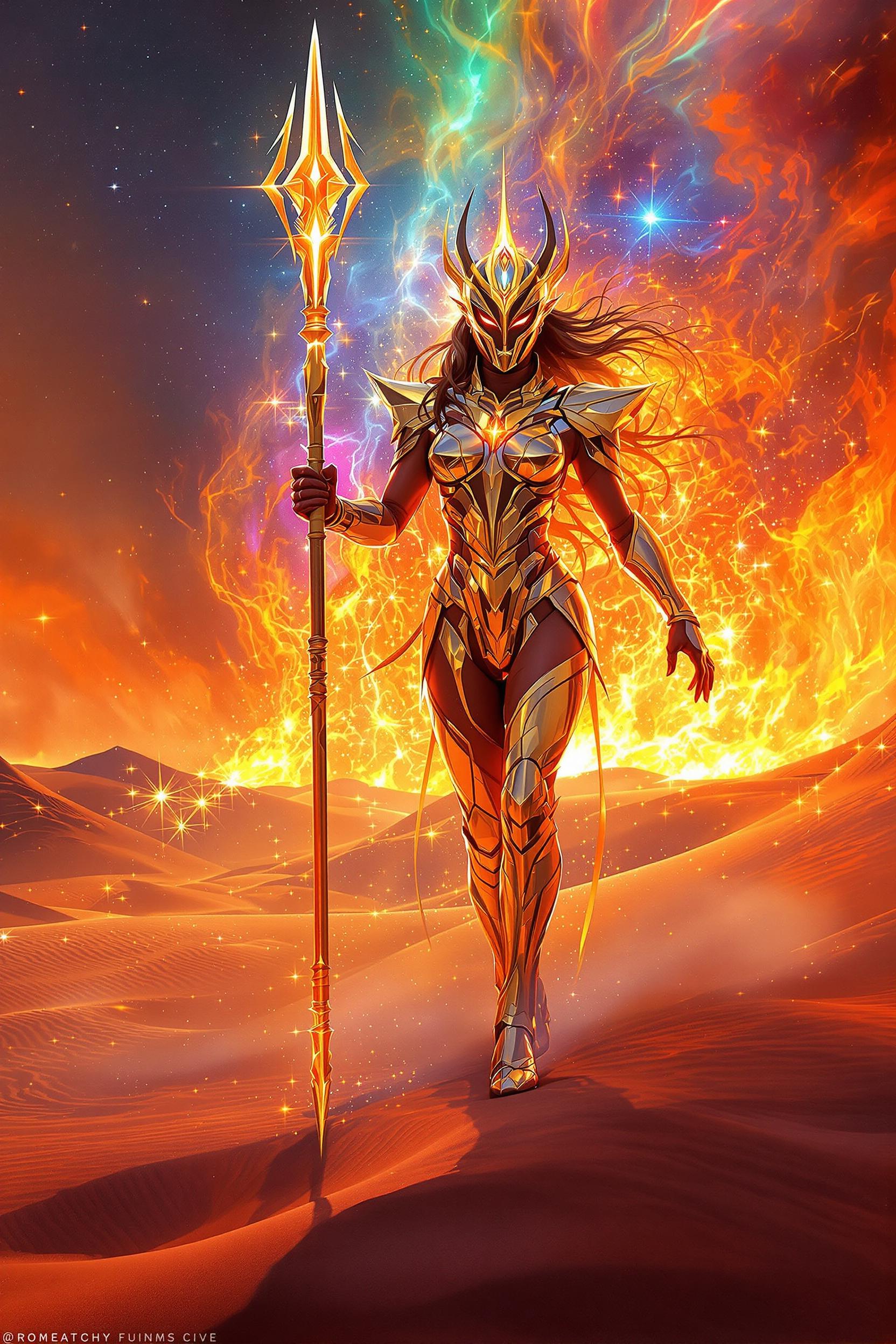 Hyper‑realistic Afro‑futurist warrior‑queen in mirror‑polished mercury‑gold solar armor striding across super‑heated vermilion dunes, plasma spear unleashing a supernova torrent of liquid aurora; cinematic ultra‑detailed poster‑grade 3‑D hybrid digital painting fusing Brutalist geometry with fractal prism shards, every surface bathed in blistering spectral glow and razor‑edge particle sparks. Ultrachromatic blaze: molten‑amber #FF7E00, laser‑cyan #00FFFF, tangerine‑flare #FF4500, ultraviolet embers #8A2BE2—vivid saturation ramped to retina‑searing pop. Triple‑rim back lighting ignites incandescent flares against pitch‑black printable shadows; low hero angle sweeps a shimmering horizon as mirage sand refracts neon spectrum across a smooth sRGB gradient sky. Razor‑sharp 124 K 300 dpi style r