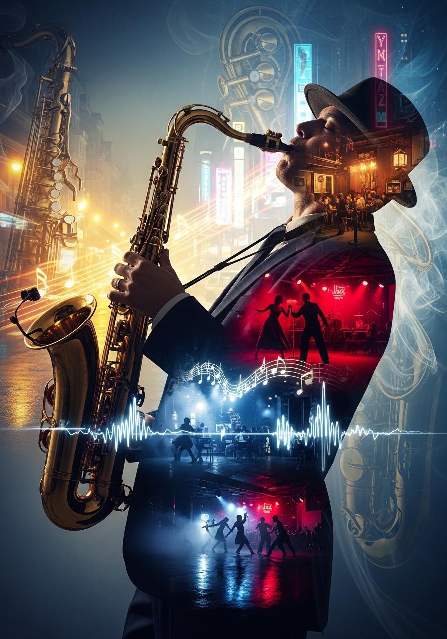 A double exposure portrait of a jazz saxophonist, their silhouette filled with glowing neon city streets and smoky underground clubs (Core Subject), created in surreal photoreal double exposure style (Style), digital matte painting with painterly jazz textures (Medium). Evoking nostalgia and soulful improvisation (Emotion), illuminated by golden hour streetlights and neon prism glows (Lighting). The silhouette blends with scenes of saxophone keys, musical notes as glowing lines, and blurred dancers in motion (Secondary Scene). A palette of deep blues, golds, and crimson reds (Color Palette), background softened into smoky gradients and vinyl-record textures (Background). Layered with velvet suits, brass reflections, and glowing soundwave motifs (Textures & Symbolism). Captured with cinematic Arri Alexa LF, 50mm Leica Summilux (Camera), atmospheric mist as smoke curling around stage lights (Atmosphere). Set in a timeless 1940s jazz club imagined in the future (Era). 64K, 300 dpi,