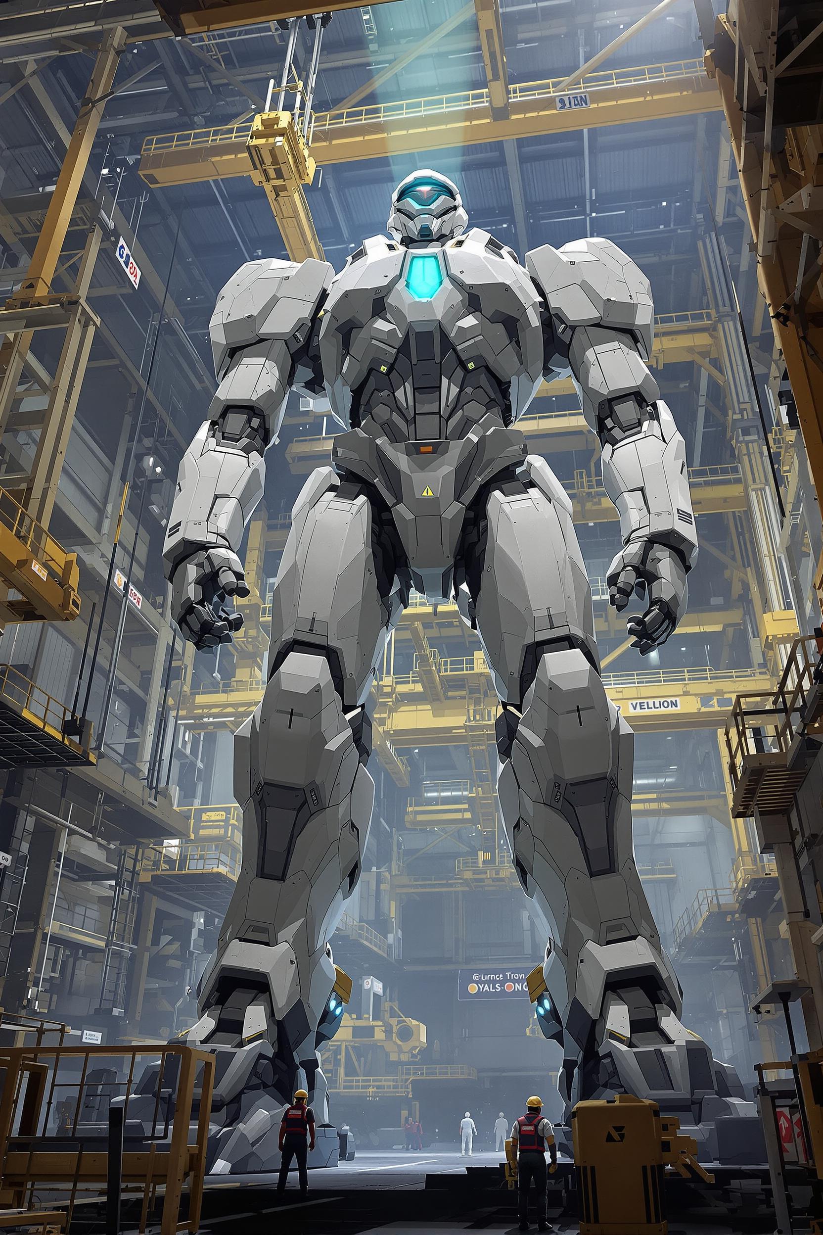 PROMPT description:
A towering humanoid mecha stands on mag-clamps inside a cavernous industrial hangar. Maintenance gantries retract; umbilical conduits detach with ionized mist; warning strobes strobe across painted armor panels. In the pit: engineers in exo-vests and cargo bots; ceiling cranes and catwalk signage shapes recede into parallax unreadable. The mecha’s visor slit comes alive with a cyan sweep; chest vents exhale steam plumes. Micro details: serial stencils illegible, panel bevels, micro-fasteners, AO in seams. Reserve bottom band for optional credits; no readable text. MODEL: Google Imagen 4 Ultra
STYLE: hard-surface mecha anime; hyper-real 3D + cel-line composite; industrial scale
COMPOSITION: Central mecha primary, vertical gantries flank; catwalks create nested frames; perspective vanishing at top-right; safe edge/margin: 10% keep head and shoulders inside
CAMERA / LENS: 35 mm low hero angle; deepish DoF with slight BG softness; subtle motion blur on retracting rigs
LIGHTING & EFFECTS: Warm sodium top fill + electric cyan visor accent; volumetric shafts; steam plumes; controlled bloom on emissives
CHARACTERS / OBJECTS: mecha unit, gantries, umbilicals, cranes, engineers, bots, hazard stripes
TEXTURES / MATERIALS: painted alloy, anodized panels, matte rubber hoses, grease smears, worn hazard paint, frosted glass
COLORS Palette Lock: safety yellow #FFC300, hull gray #6C7684, gunmetal #2A313D, electric cyan #00E5FF, signal red #E94E4E
ASPECT RATIO: 2:3 poster
OPTIMIZED FOR: 3D renders secondary: Sci-fi & horror
NEGATIVE: text/logos, excessive grime, plastic over-sharpening, banding in fog, lens dirt overlays