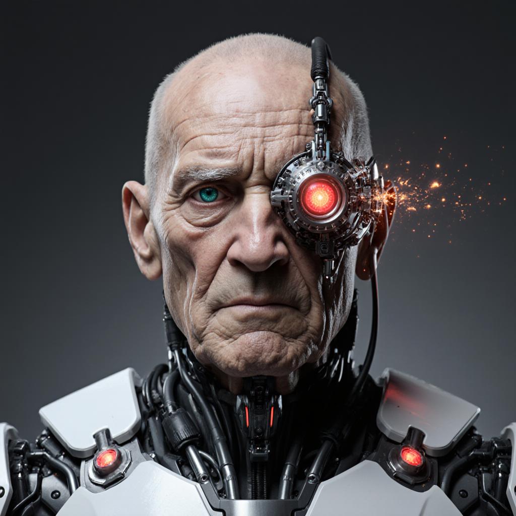 A highly detailed, photorealistic digital rendering of an elderly cyborg man in a close-up portrait, facing directly forward with a neutral, introspective expression. The man appears to be in his 80s or 90s, with deeply wrinkled, pale Caucasian skin that's weathered and aged, showing fine lines, creases, and subtle age spots on his bald scalp and face. His left eye is a natural, piercing turquoise blue human eye with realistic iris details and subtle reflections, while his right eye is a intricate cybernetic implant: a large, mechanical monocle-like device with glowing red circular lens at the center, surrounded by metallic gears, circuits, and orange energy sparks emanating from it, integrated seamlessly into his wrinkled skin. A white and black robotic helmet or exoskeleton frames his head, with segmented armor plates, exposed wires, tubes, and metallic components extending down to his neck and shoulders, including earpieces with red lights and black cabling. The overall color palette is cool and muted, dominated by desaturated grays, blues, and silvers, with high-contrast highlights on the metallic parts and a warm red-orange glow from the cybernetic eye adding dramatic focal point. The background is a plain, gradient dark gray void, emphasizing the subject's face with soft, cinematic lighting from the front and subtle rim lighting to enhance textures and depth. Render in hyper-realistic CGI style, inspired by artists like Alex Ross and digital sculpting in ZBrush, with ultra-high resolution, sharp details on skin pores, metallic reflections, and subtle subsurface scattering for lifelike skin translucency.