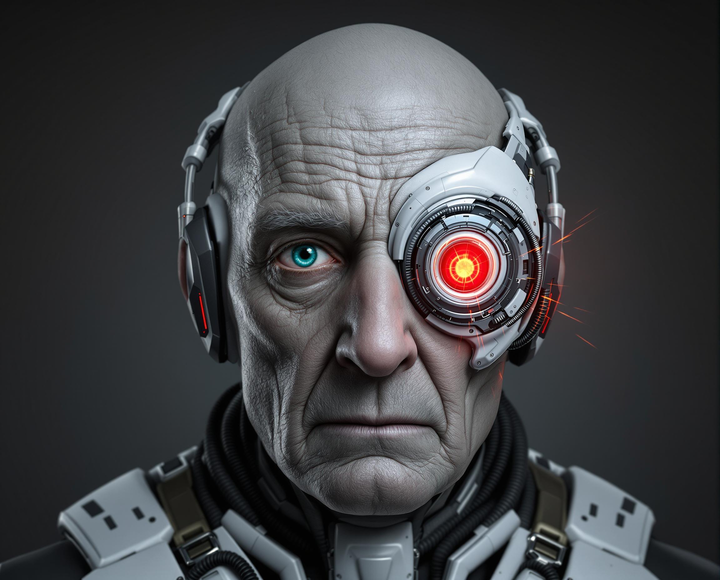A highly detailed, photorealistic digital rendering of an elderly cyborg man in a close-up portrait, facing directly forward with a neutral, introspective expression. The man appears to be in his 80s or 90s, with deeply wrinkled, pale Caucasian skin that's weathered and aged, showing fine lines, creases, and subtle age spots on his bald scalp and face. His left eye is a natural, piercing turquoise blue human eye with realistic iris details and subtle reflections, while his right eye is a intricate cybernetic implant: a large, mechanical monocle-like device with glowing red circular lens at the center, surrounded by metallic gears, circuits, and orange energy sparks emanating from it, integrated seamlessly into his wrinkled skin. A white and black robotic helmet or exoskeleton frames his head, with segmented armor plates, exposed wires, tubes, and metallic components extending down to his neck and shoulders, including earpieces with red lights and black cabling. The overall color palette is cool and muted, dominated by desaturated grays, blues, and silvers, with high-contrast highlights on the metallic parts and a warm red-orange glow from the cybernetic eye adding dramatic focal point. The background is a plain, gradient dark gray void, emphasizing the subject's face with soft, cinematic lighting from the front and subtle rim lighting to enhance textures and depth. Render in hyper-realistic CGI style, inspired by artists like Alex Ross and digital sculpting in ZBrush, with ultra-high resolution, sharp details on skin pores, metallic reflections, and subtle subsurface scattering for lifelike skin translucency.