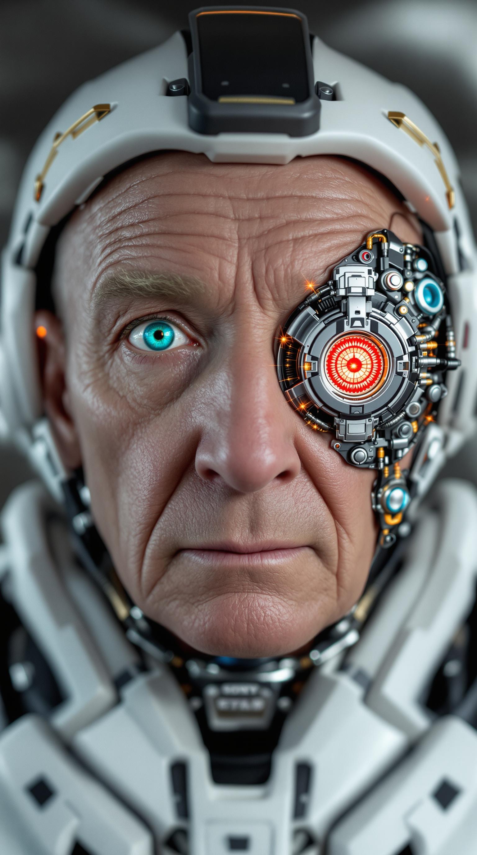 {
  "SHOT COMPOSITION": "Capture an extreme close-up portrait with the subject facing directly forward, framed tightly on the face and upper shoulders using an 85mm portrait lens on a Sony A7S III camera, featuring a shallow depth of field to blur the background subtly while keeping intricate facial and cybernetic details in razor-sharp focus.",
  "SUBJECT & WARDROBE": "The subject is an elderly cyborg man in his 80s or 90s, with deeply wrinkled, pale Caucasian skin showing fine lines, creases, subtle age spots, and a bald scalp; his left eye is a natural, piercing turquoise blue human eye with realistic iris details and reflections, contrasted by his right eye as an intricate cybernetic implant—a large, mechanical monocle-like device with a glowing red circular lens at the center, surrounded by metallic gears, circuits, and orange energy sparks, seamlessly integrated into his skin; he wears a white and black robotic helmet or exoskeleton framing his head, complete with segmented armor plates, exposed wires, tubes, metallic components extending to his neck and shoulders, earpieces with red lights, and black cabling; his expression is neutral and introspective, evoking a sense of quiet reflection.",
  "SCENE SETTING": "Set against a plain, gradient dark gray void background that emphasizes isolation and focus on the subject, illuminated by soft, cinematic front lighting with subtle rim lighting from behind to enhance textures and depth, creating a cool and muted atmosphere dominated by desaturated grays, blues, and silvers, punctuated by high-contrast highlights on metallic parts and a warm red-orange glow from the cybernetic eye as a dramatic focal point.",
  "VISUAL STYLE": "Render in a hyper-realistic CGI style inspired by artists like Alex Ross and digital sculpting in ZBrush, with ultra-high resolution, photorealistic details including sharp skin pores, metallic reflections, subtle subsurface scattering for lifelike skin translucency, and a grain texture reminiscent of high-end cinematic film for added depth and realism."
}