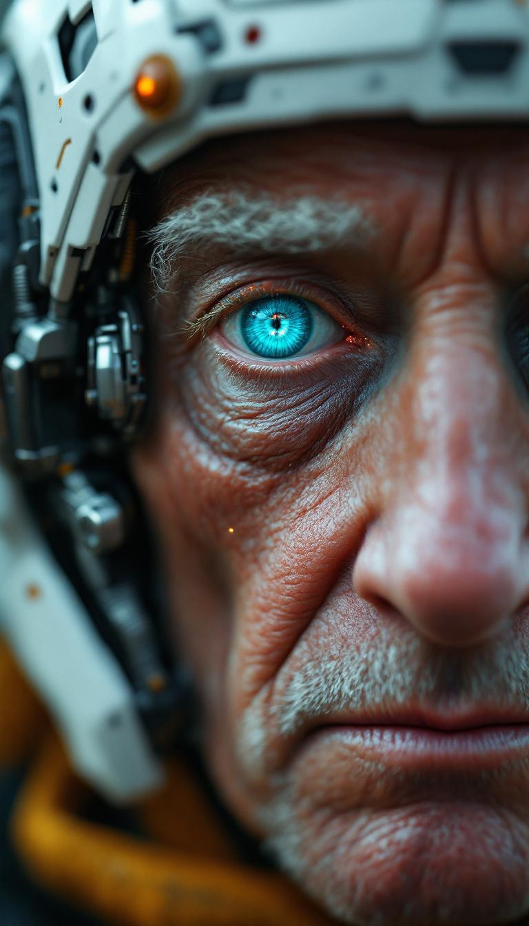{
  "SHOT COMPOSITION": "Capture an extreme close-up portrait with the subject facing directly forward, framed tightly on the face and upper shoulders using an 85mm portrait lens on a Sony A7S III camera, featuring a shallow depth of field to blur the background subtly while keeping intricate facial and cybernetic details in razor-sharp focus.",
  "SUBJECT & WARDROBE": "The subject is an elderly cyborg man in his 80s or 90s, with deeply wrinkled, pale Caucasian skin showing fine lines, creases, subtle age spots, and a bald scalp; his left eye is a natural, piercing turquoise blue human eye with realistic iris details and reflections, contrasted by his right eye as an intricate cybernetic implant—a large, mechanical monocle-like device with a glowing red circular lens at the center, surrounded by metallic gears, circuits, and orange energy sparks, seamlessly integrated into his skin; he wears a white and black robotic helmet or exoskeleton framing his head, complete with segmented armor plates, exposed wires, tubes, metallic components extending to his neck and shoulders, earpieces with red lights, and black cabling; his expression is neutral and introspective, evoking a sense of quiet reflection.",
  "SCENE SETTING": "Set against a plain, gradient dark gray void background that emphasizes isolation and focus on the subject, illuminated by soft, cinematic front lighting with subtle rim lighting from behind to enhance textures and depth, creating a cool and muted atmosphere dominated by desaturated grays, blues, and silvers, punctuated by high-contrast highlights on metallic parts and a warm red-orange glow from the cybernetic eye as a dramatic focal point.",
  "VISUAL STYLE": "Render in a hyper-realistic CGI style inspired by artists like Alex Ross and digital sculpting in ZBrush, with ultra-high resolution, photorealistic details including sharp skin pores, metallic reflections, subtle subsurface scattering for lifelike skin translucency, and a grain texture reminiscent of high-end cinematic film for added depth and realism."
}