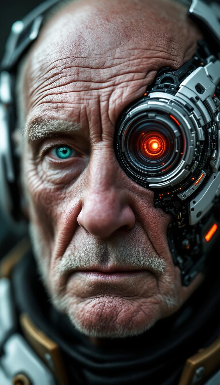 {
  "SHOT COMPOSITION": "Capture an extreme close-up portrait with the subject facing directly forward, framed tightly on the face and upper shoulders using an 85mm portrait lens on a Sony A7S III camera, featuring a shallow depth of field to blur the background subtly while keeping intricate facial and cybernetic details in razor-sharp focus.",
  "SUBJECT & WARDROBE": "The subject is an elderly cyborg man in his 80s or 90s, with deeply wrinkled, pale Caucasian skin showing fine lines, creases, subtle age spots, and a bald scalp; his left eye is a natural, piercing turquoise blue human eye with realistic iris details and reflections, contrasted by his right eye as an intricate cybernetic implant—a large, mechanical monocle-like device with a glowing red circular lens at the center, surrounded by metallic gears, circuits, and orange energy sparks, seamlessly integrated into his skin; he wears a white and black robotic helmet or exoskeleton framing his head, complete with segmented armor plates, exposed wires, tubes, metallic components extending to his neck and shoulders, earpieces with red lights, and black cabling; his expression is neutral and introspective, evoking a sense of quiet reflection.",
  "SCENE SETTING": "Set against a plain, gradient dark gray void background that emphasizes isolation and focus on the subject, illuminated by soft, cinematic front lighting with subtle rim lighting from behind to enhance textures and depth, creating a cool and muted atmosphere dominated by desaturated grays, blues, and silvers, punctuated by high-contrast highlights on metallic parts and a warm red-orange glow from the cybernetic eye as a dramatic focal point.",
  "VISUAL STYLE": "Render in a hyper-realistic CGI style inspired by artists like Alex Ross and digital sculpting in ZBrush, with ultra-high resolution, photorealistic details including sharp skin pores, metallic reflections, subtle subsurface scattering for lifelike skin translucency, and a grain texture reminiscent of high-end cinematic film for added depth and realism."
}