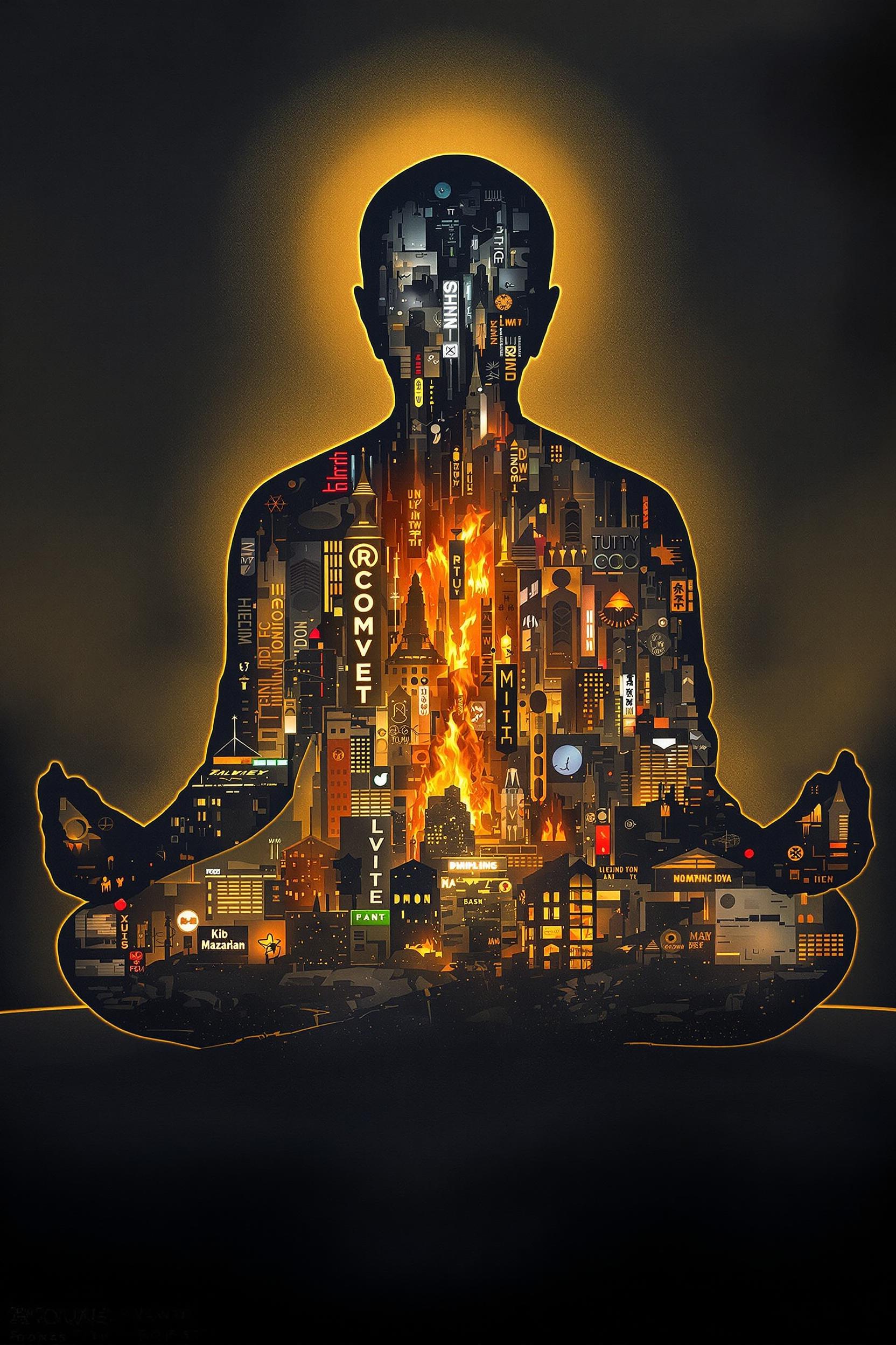 A serene monk silhouette seated in lotus pose, inside filled with a chaotic city scene: flickering neon signs, shattered buildings, smog, and fiery glows. Outer silhouette outlined with golden aura, fading into night haze. Palette: deep indigo, molten orange, muted grays. Spiritual calm meets urban chaos, visually striking and contemplative.