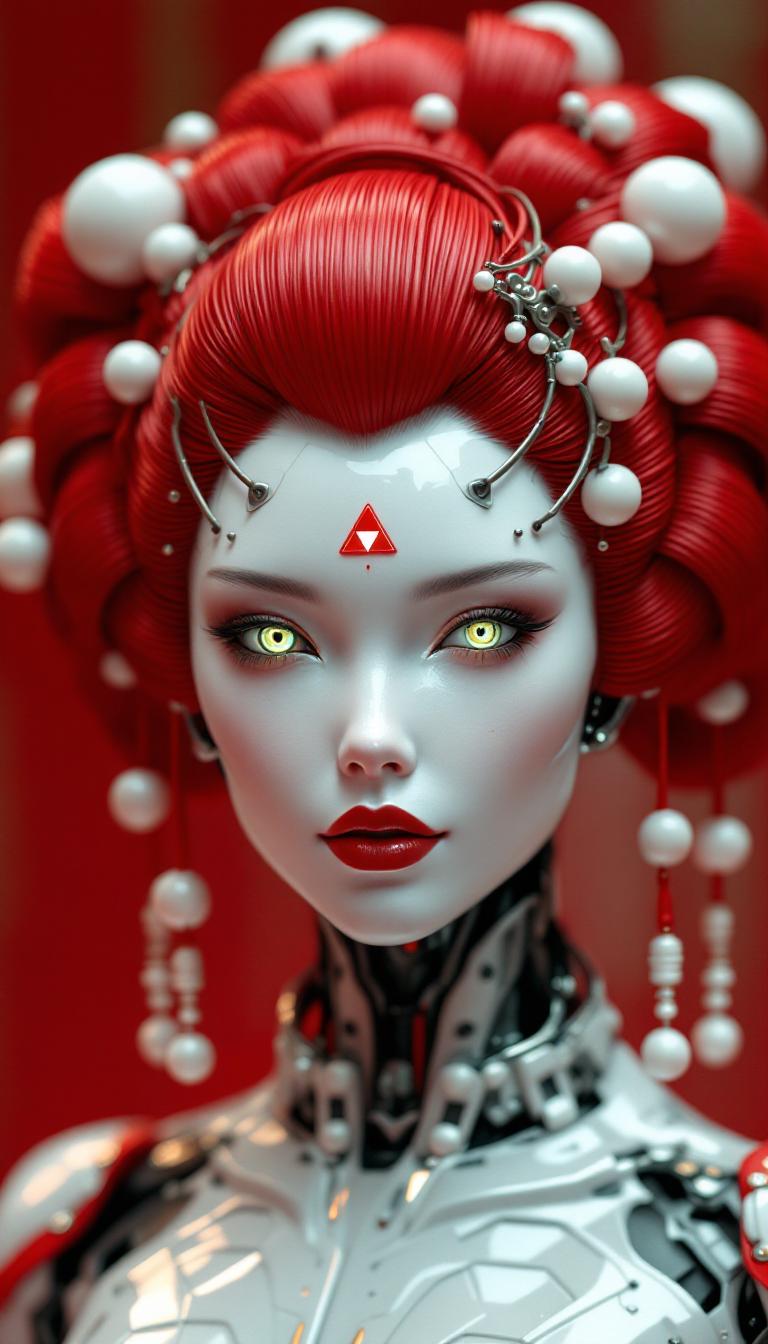 A highly detailed 3D digital rendering of a futuristic robotic geisha android, blending traditional Japanese geisha aesthetics with cyberpunk sci-fi elements, in a hyper-realistic CGI style reminiscent of Zdzisław Beksiński and Alphonse Mucha with modern digital polish like that of Beeple or Android Jones. The central figure is a female humanoid robot with flawless porcelain-white metallic skin, sharp angular facial features, piercing glowing yellow eyes with black sclera and subtle red highlights, perfectly arched thin black eyebrows, full crimson-red lips in a subtle enigmatic smile, and a small red triangular marking on her forehead like a technological emblem. Her elaborate updo hairstyle is a vibrant deep crimson red, styled in a voluminous traditional shimada geisha fashion with glossy, shiny texture, adorned with intricate white spherical ornaments, coiled red metallic tubes looping around the hair like futuristic kanzashi hairpins, and dangling white beads on thin rods, creating a halo-like symmetrical structure framing her head. The neck and shoulders reveal exposed cybernetic components, including glowing blue-lit circuits, segmented white armor plating with red accents, and mechanical joints, transitioning into a white kimono-like garment with red trim and subtle technological patterns. The background is a soft gradient of dark crimson to black, with faint circular bokeh effects echoing the hair loops, emphasizing a mysterious and elegant atmosphere. Rendered in ultra-high resolution with ray-traced lighting, volumetric god rays, subsurface scattering on the skin for a lifelike sheen, vibrant color palette dominated by reds, whites, and metallic silvers, intricate details on textures like polished chrome reflections and hair strands, overall composition centered on the bust portrait for a captivating, otherworldly presence.