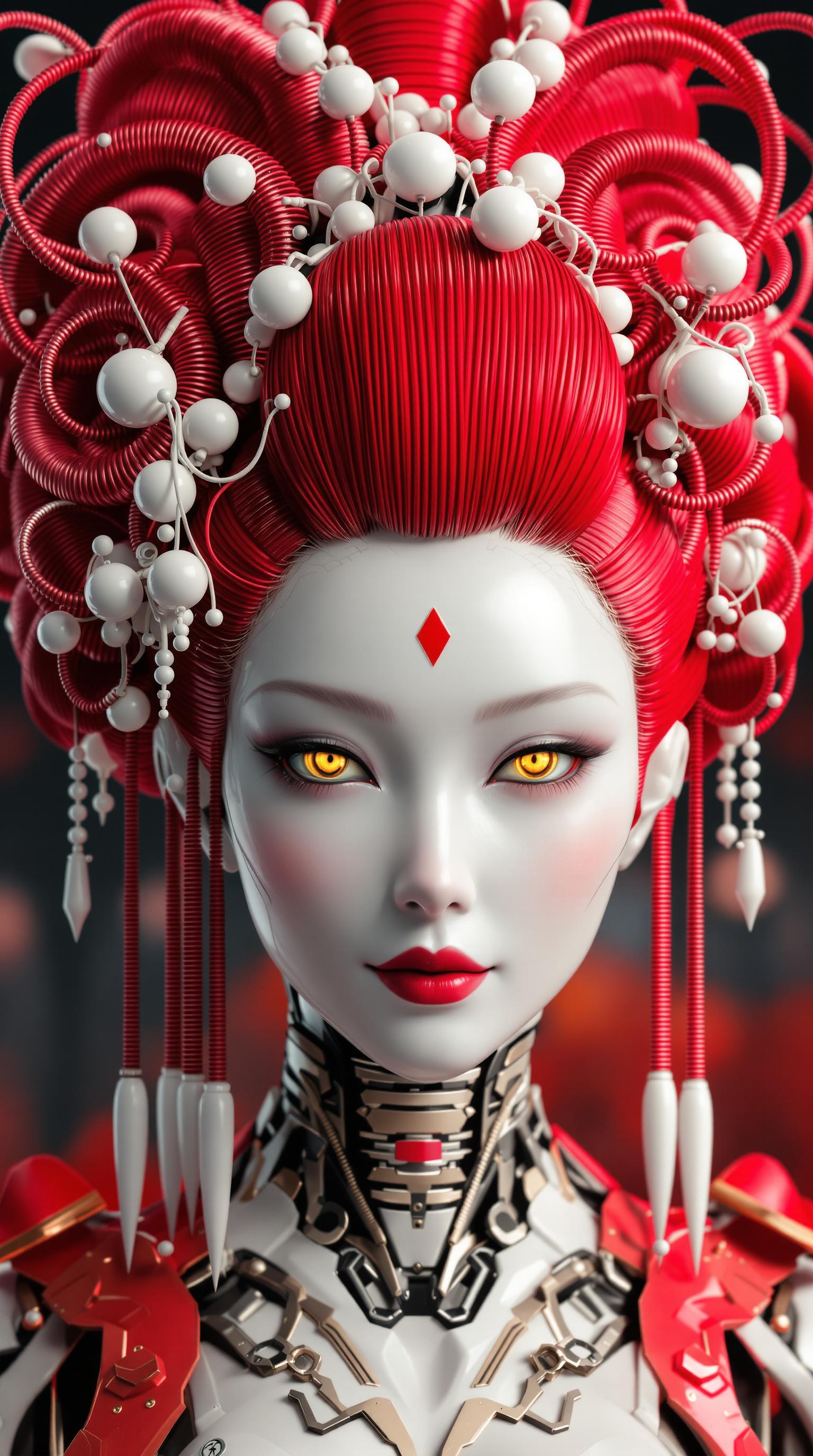 A highly detailed 3D digital rendering of a futuristic robotic geisha android, blending traditional Japanese geisha aesthetics with cyberpunk sci-fi elements, in a hyper-realistic CGI style reminiscent of Zdzisław Beksiński and Alphonse Mucha with modern digital polish like that of Beeple or Android Jones. The central figure is a female humanoid robot with flawless porcelain-white metallic skin, sharp angular facial features, piercing glowing yellow eyes with black sclera and subtle red highlights, perfectly arched thin black eyebrows, full crimson-red lips in a subtle enigmatic smile, and a small red triangular marking on her forehead like a technological emblem. Her elaborate updo hairstyle is a vibrant deep crimson red, styled in a voluminous traditional shimada geisha fashion with glossy, shiny texture, adorned with intricate white spherical ornaments, coiled red metallic tubes looping around the hair like futuristic kanzashi hairpins, and dangling white beads on thin rods, creating a halo-like symmetrical structure framing her head. The neck and shoulders reveal exposed cybernetic components, including glowing blue-lit circuits, segmented white armor plating with red accents, and mechanical joints, transitioning into a white kimono-like garment with red trim and subtle technological patterns. The background is a soft gradient of dark crimson to black, with faint circular bokeh effects echoing the hair loops, emphasizing a mysterious and elegant atmosphere. Rendered in ultra-high resolution with ray-traced lighting, volumetric god rays, subsurface scattering on the skin for a lifelike sheen, vibrant color palette dominated by reds, whites, and metallic silvers, intricate details on textures like polished chrome reflections and hair strands, overall composition centered on the bust portrait for a captivating, otherworldly presence.