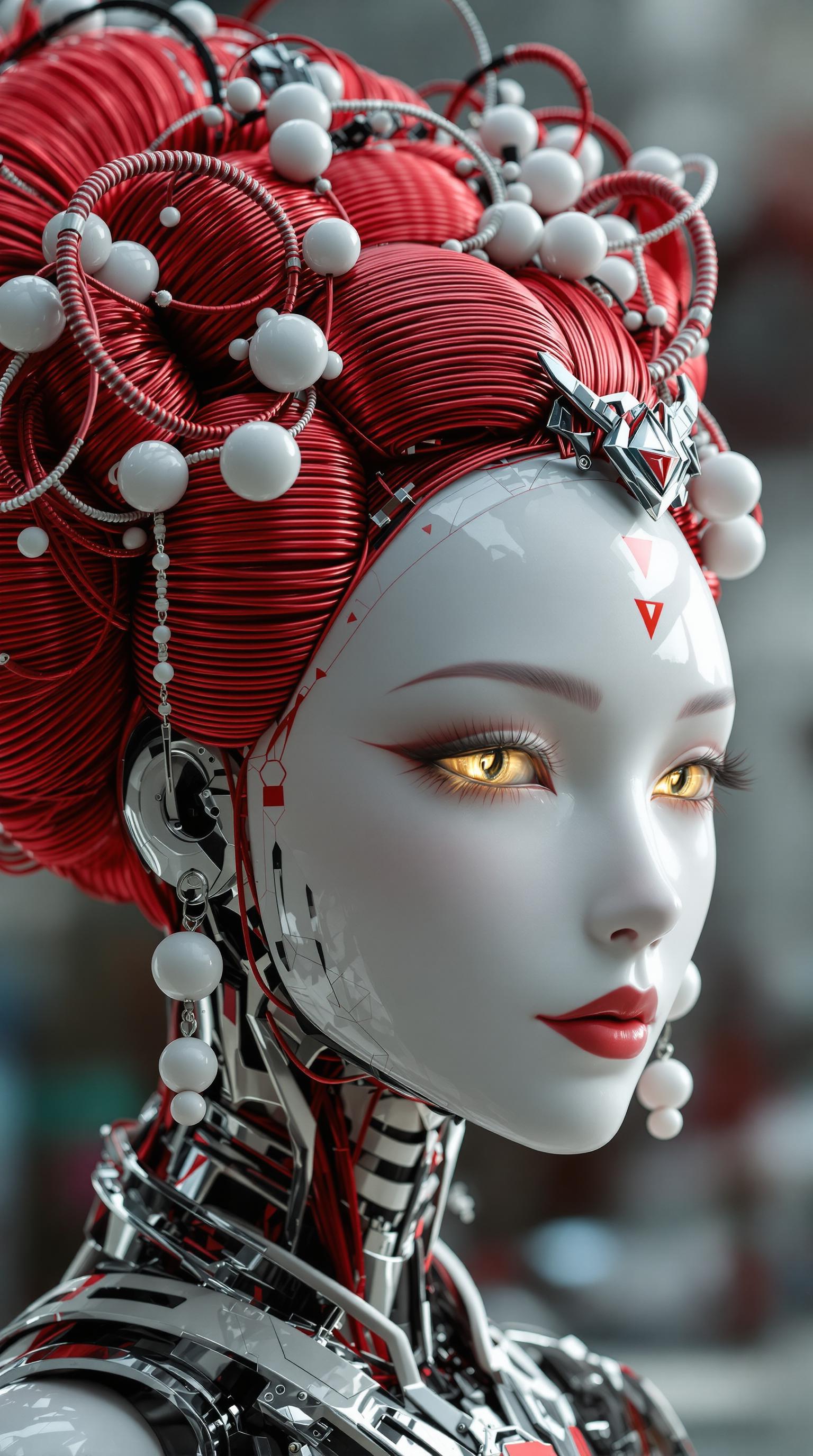 A highly detailed 3D digital rendering of a futuristic robotic geisha android, blending traditional Japanese geisha aesthetics with cyberpunk sci-fi elements, in a hyper-realistic CGI style reminiscent of Zdzisław Beksiński and Alphonse Mucha with modern digital polish like that of Beeple or Android Jones. The central figure is a female humanoid robot with flawless porcelain-white metallic skin, sharp angular facial features, piercing glowing yellow eyes with black sclera and subtle red highlights, perfectly arched thin black eyebrows, full crimson-red lips in a subtle enigmatic smile, and a small red triangular marking on her forehead like a technological emblem. Her elaborate updo hairstyle is a vibrant deep crimson red, styled in a voluminous traditional shimada geisha fashion with glossy, shiny texture, adorned with intricate white spherical ornaments, coiled red metallic tubes looping around the hair like futuristic kanzashi hairpins, and dangling white beads on thin rods, creating a halo-like symmetrical structure framing her head. The neck and shoulders reveal exposed cybernetic components, including glowing blue-lit circuits, segmented white armor plating with red accents, and mechanical joints, transitioning into a white kimono-like garment with red trim and subtle technological patterns. The background is a soft gradient of dark crimson to black, with faint circular bokeh effects echoing the hair loops, emphasizing a mysterious and elegant atmosphere. Rendered in ultra-high resolution with ray-traced lighting, volumetric god rays, subsurface scattering on the skin for a lifelike sheen, vibrant color palette dominated by reds, whites, and metallic silvers, intricate details on textures like polished chrome reflections and hair strands, overall composition centered on the bust portrait for a captivating, otherworldly presence.