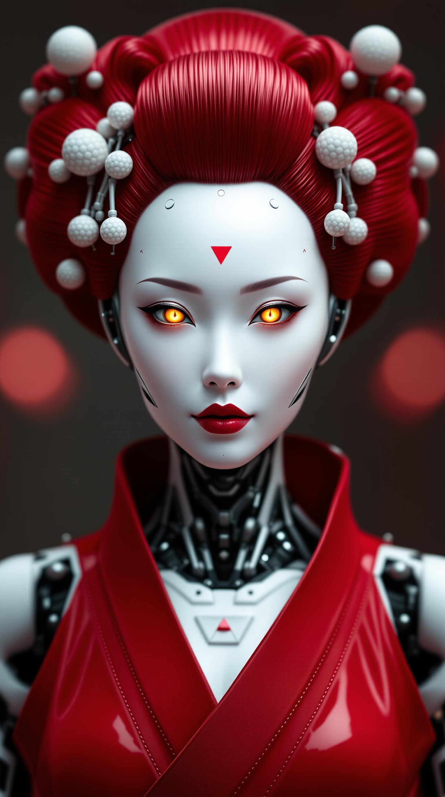 {
  "SHOT COMPOSITION": "A close-up bust portrait framed tightly on the robotic geisha's face and upper torso, captured with an 85mm portrait lens on a Sony A7S III camera, featuring a shallow depth of field that softly blurs the background while keeping intricate details in sharp focus, emphasizing her enigmatic presence in a symmetrical composition.",
  "SUBJECT & WARDROBE": "The central figure is a female humanoid robot with flawless porcelain-white metallic skin, sharp angular facial features, piercing glowing yellow eyes with black sclera and subtle red highlights, perfectly arched thin black eyebrows, full crimson-red lips curved in a subtle enigmatic smile, and a small red triangular marking on her forehead like a technological emblem; her elaborate updo hairstyle is a vibrant deep crimson red, styled in a voluminous traditional shimada geisha fashion with glossy, shiny texture, adorned with intricate white spherical ornaments, coiled red metallic tubes looping around the hair like futuristic kanzashi hairpins, and dangling white beads on thin rods, creating a halo-like symmetrical structure framing her head; the neck and shoulders reveal exposed cybernetic components, including glowing blue-lit circuits, segmented white armor plating with red accents, and mechanical joints, transitioning seamlessly into a white kimono-like garment with red trim and subtle technological patterns, evoking a blend of traditional elegance and cyberpunk innovation.",
  "SCENE SETTING": "Set against a soft gradient background transitioning from dark crimson to black, with faint circular bokeh effects echoing the loops in her hair, the scene unfolds in a mysterious, ethereal void that enhances an elegant and otherworldly atmosphere, illuminated by ray-traced lighting and volumetric god rays piercing through subtle mist, under a timeless night-like ambiance with dramatic shadows and highlights.",
  "VISUAL STYLE": "A highly detailed 3D digital rendering in a hyper-realistic CGI style reminiscent of Zdzisław Beksiński and Alphonse Mucha, infused with modern digital polish like that of Beeple or Android Jones, featuring ultra-high resolution, subsurface scattering on the skin for a lifelike sheen, vibrant color palette dominated by reds, whites, and metallic silvers, intricate textures such as polished chrome reflections and individual hair strands, with a cinematic film aesthetic including subtle grain texture and rich color grading for a captivating, mysterious tone."
}