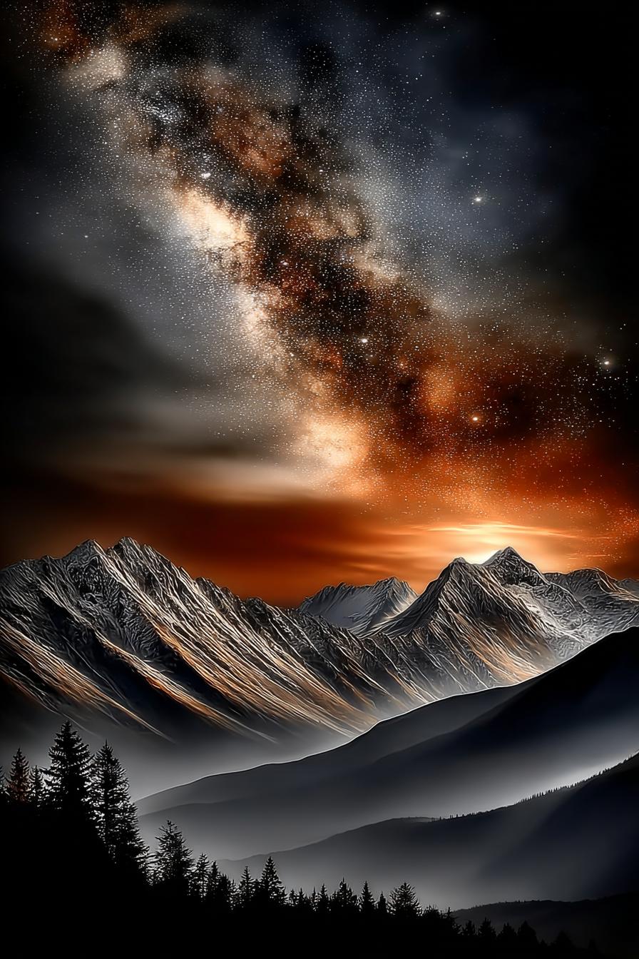 Surreal cosmic landscape of snow-covered mountains beneath the glowing Milky Way, radiant galactic core lighting the horizon, ultra-sharp starfield with cosmic depth, vivid orange and silver tones across the peaks, cinematic high-contrast atmosphere, immersive detail designed for large-format reflective metal print

