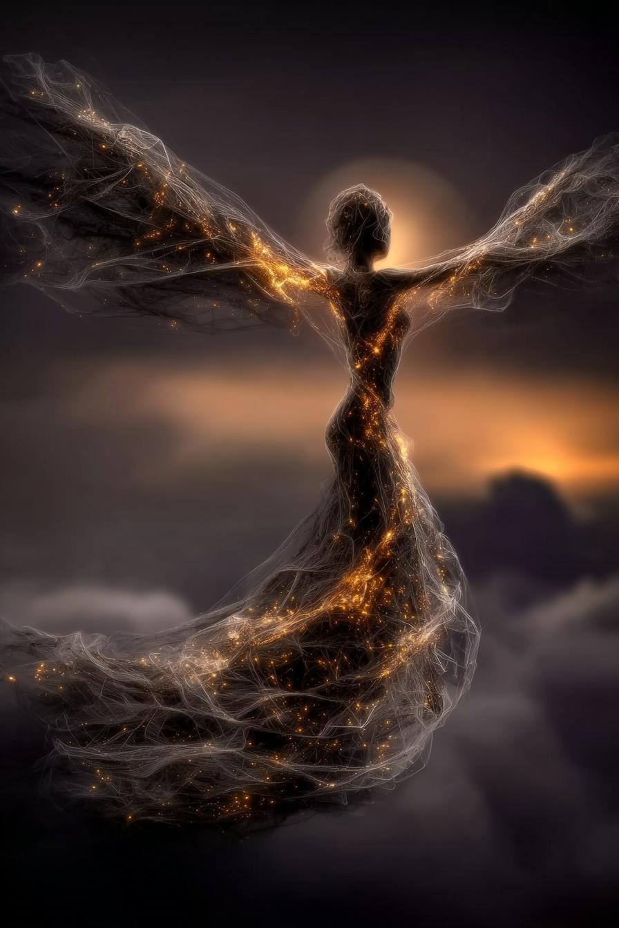 Celestial figure woven from glowing golden threads of light, ethereal flowing gown radiating sparks, suspended in twilight atmosphere with soft glowing horizon, ultra-sharp luminous detail in threads, cinematic high-contrast glow, immersive surreal fantasy designed for reflective metallic print
