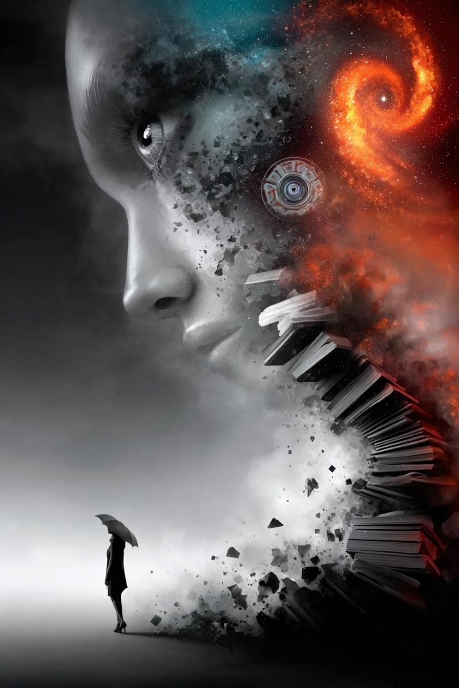 Surreal fragmented portrait dissolving into galaxies, books, and shattered debris, cosmic fire spiral glowing against grayscale face, lone figure with umbrella below, ultra-sharp detail in fragments, cinematic high-contrast grayscale to fiery orange transition, immersive surreal composition designed for reflective metallic print
