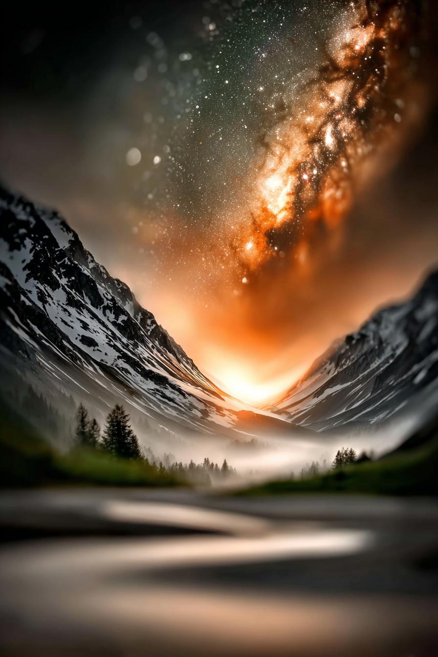 Surreal cosmic landscape of snow-covered mountains beneath the glowing Milky Way, radiant galactic core lighting the horizon, ultra-sharp starfield with cosmic depth, vivid orange and silver tones across the peaks, cinematic high-contrast atmosphere, immersive detail designed for large-format reflective metal print
