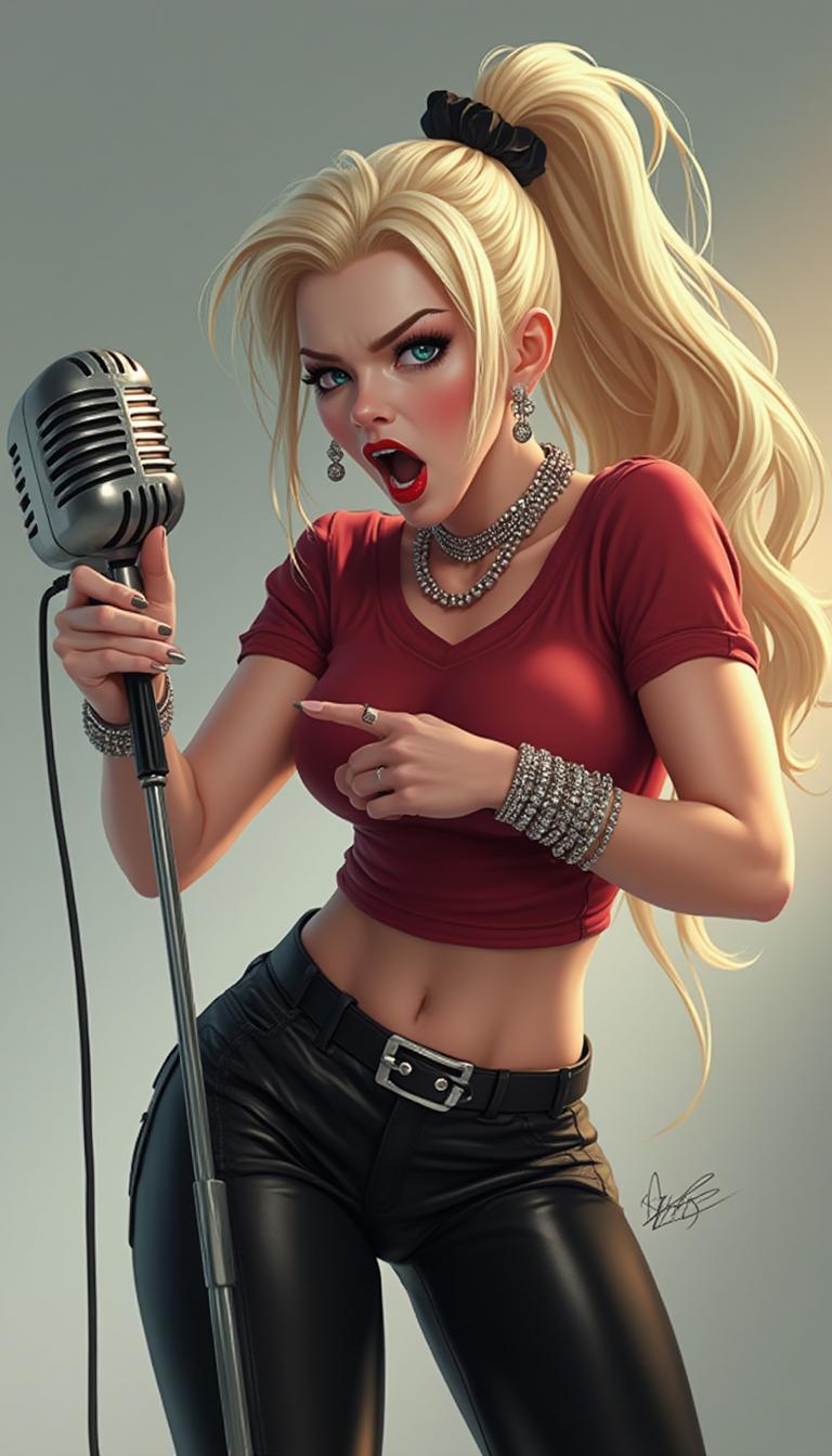 A stunning digital illustration in a hyper-realistic yet stylized pin-up  style, modern featuring a fierce young woman with long platinum blonde hair tied in a high ponytail with a black scrunchie, her hair flowing dynamically with soft waves and highlights. She has intense blue eyes with heavy black eyeliner and mascara, arched eyebrows, full red lips parted in a passionate scream or song, sharp cheekbones, and fair skin with subtle blush and gloss. She's gripping a classic silver vintage microphone with black ridges in her right hand, pointing dramatically with her left index finger, nails painted black. She's dressed in a fitted dark red short-sleeved t-shirt tucked into high-waisted black leather pants with a wide studded silver belt, a sparkling diamond choker necklace, and multiple silver bracelets on her wrists. The pose is dynamic and energetic, leaning slightly forward as if performing on stage, with soft volumetric lighting casting gentle shadows and highlights on her form, against a smooth gradient gray-white studio background. High detail in textures like the shiny leather, metallic microphone, and glossy hair, vibrant colors with cool tones dominating, high contrast, 8k resolution, ultra-detailed, cinematic composition.