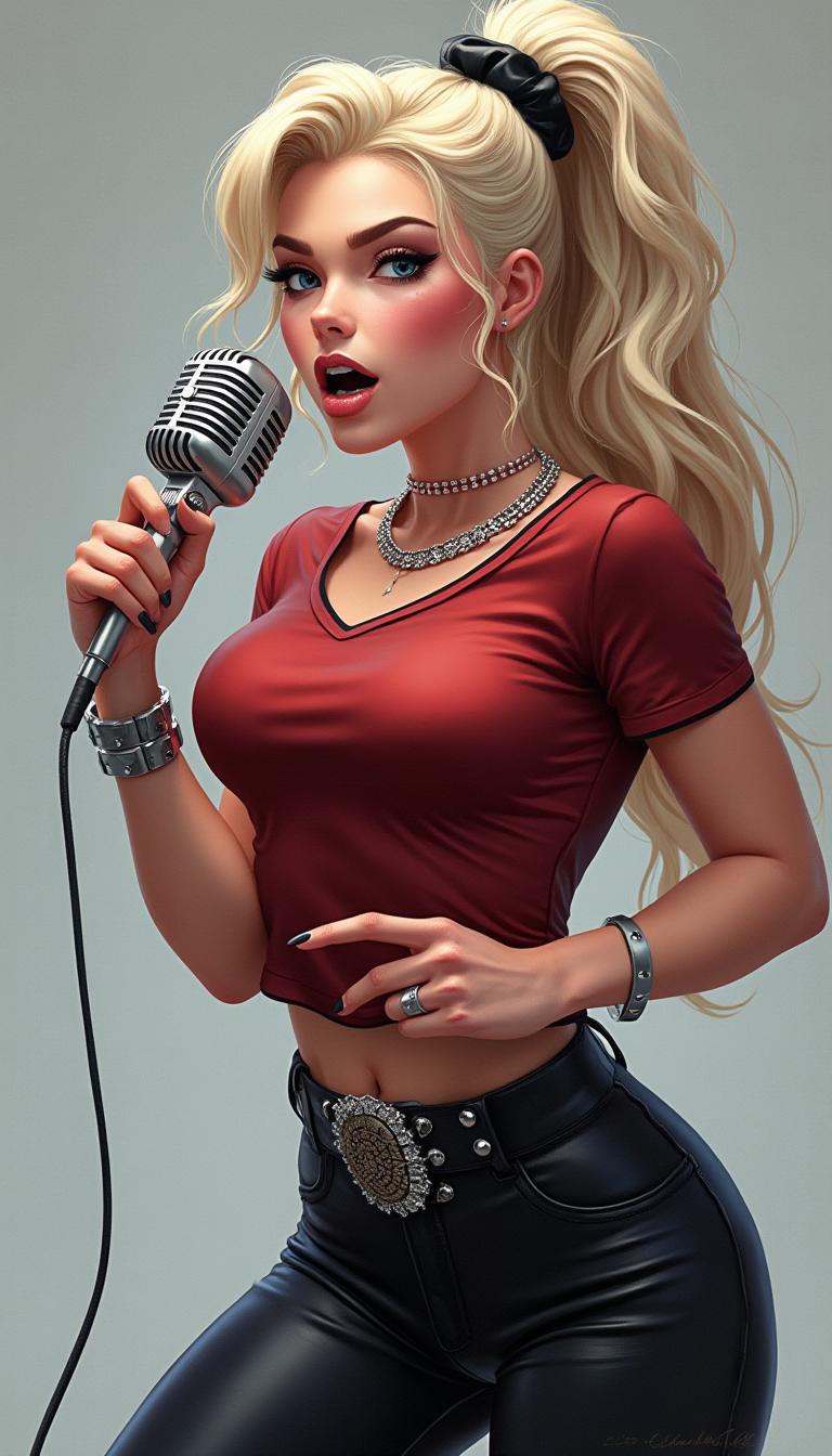 A stunning digital illustration in a hyper-realistic yet stylized pin-up  style, modern featuring a fierce young woman with long platinum blonde hair tied in a high ponytail with a black scrunchie, her hair flowing dynamically with soft waves and highlights. She has intense blue eyes with heavy black eyeliner and mascara, arched eyebrows, full red lips parted in a passionate scream or song, sharp cheekbones, and fair skin with subtle blush and gloss. She's gripping a classic silver vintage microphone with black ridges in her right hand, pointing dramatically with her left index finger, nails painted black. She's dressed in a fitted dark red short-sleeved t-shirt tucked into high-waisted black leather pants with a wide studded silver belt, a sparkling diamond choker necklace, and multiple silver bracelets on her wrists. The pose is dynamic and energetic, leaning slightly forward as if performing on stage, with soft volumetric lighting casting gentle shadows and highlights on her form, against a smooth gradient gray-white studio background. High detail in textures like the shiny leather, metallic microphone, and glossy hair, vibrant colors with cool tones dominating, high contrast, 8k resolution, ultra-detailed, cinematic composition.