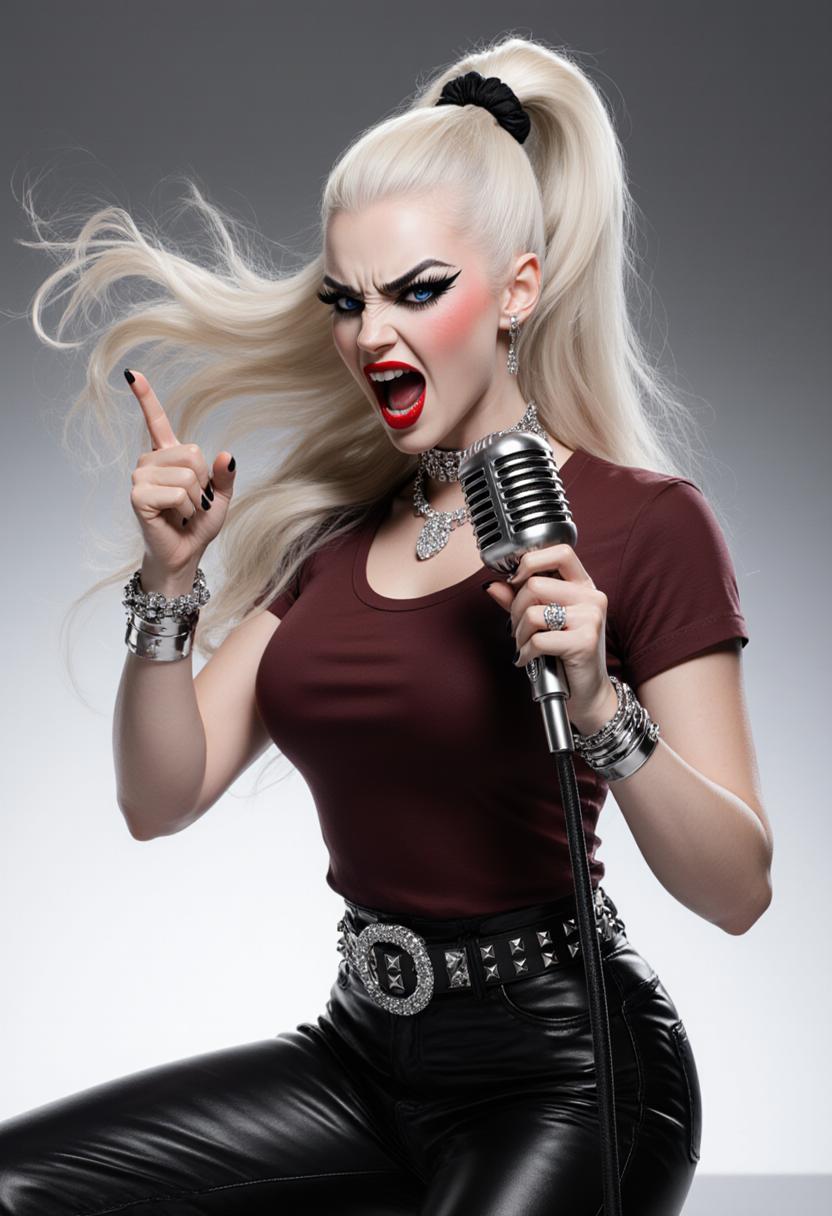 A stunning digital illustration in a hyper-realistic yet stylized pin-up  style, modern featuring a fierce young woman with long platinum blonde hair tied in a high ponytail with a black scrunchie, her hair flowing dynamically with soft waves and highlights. She has intense blue eyes with heavy black eyeliner and mascara, arched eyebrows, full red lips parted in a passionate scream or song, sharp cheekbones, and fair skin with subtle blush and gloss. She's gripping a classic silver vintage microphone with black ridges in her right hand, pointing dramatically with her left index finger, nails painted black. She's dressed in a fitted dark red short-sleeved t-shirt tucked into high-waisted black leather pants with a wide studded silver belt, a sparkling diamond choker necklace, and multiple silver bracelets on her wrists. The pose is dynamic and energetic, leaning slightly forward as if performing on stage, with soft volumetric lighting casting gentle shadows and highlights on her form, against a smooth gradient gray-white studio background. High detail in textures like the shiny leather, metallic microphone, and glossy hair, vibrant colors with cool tones dominating, high contrast, 8k resolution, ultra-detailed, cinematic composition.