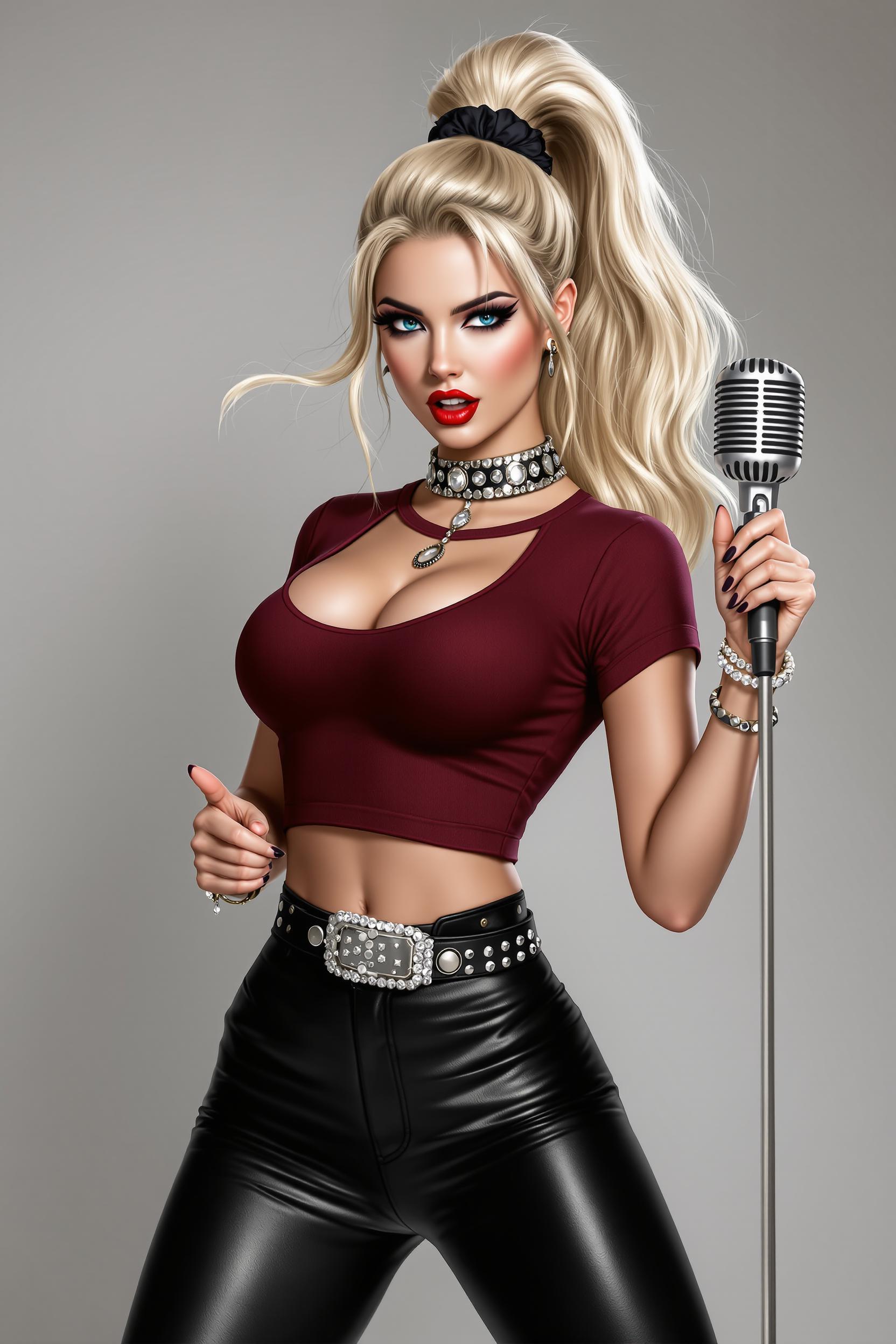 A stunning digital illustration in a hyper-realistic yet stylized pin-up  style, modern featuring a fierce young woman with long platinum blonde hair tied in a high ponytail with a black scrunchie, her hair flowing dynamically with soft waves and highlights. She has intense blue eyes with heavy black eyeliner and mascara, arched eyebrows, full red lips parted in a passionate scream or song, sharp cheekbones, and fair skin with subtle blush and gloss. She's gripping a classic silver vintage microphone with black ridges in her right hand, pointing dramatically with her left index finger, nails painted black. She's dressed in a fitted dark red short-sleeved t-shirt tucked into high-waisted black leather pants with a wide studded silver belt, a sparkling diamond choker necklace, and multiple silver bracelets on her wrists. The pose is dynamic and energetic, leaning slightly forward as if performing on stage, with soft volumetric lighting casting gentle shadows and highlights on her form, against a smooth gradient gray-white studio background. High detail in textures like the shiny leather, metallic microphone, and glossy hair, vibrant colors with cool tones dominating, high contrast, 8k resolution, ultra-detailed, cinematic composition.