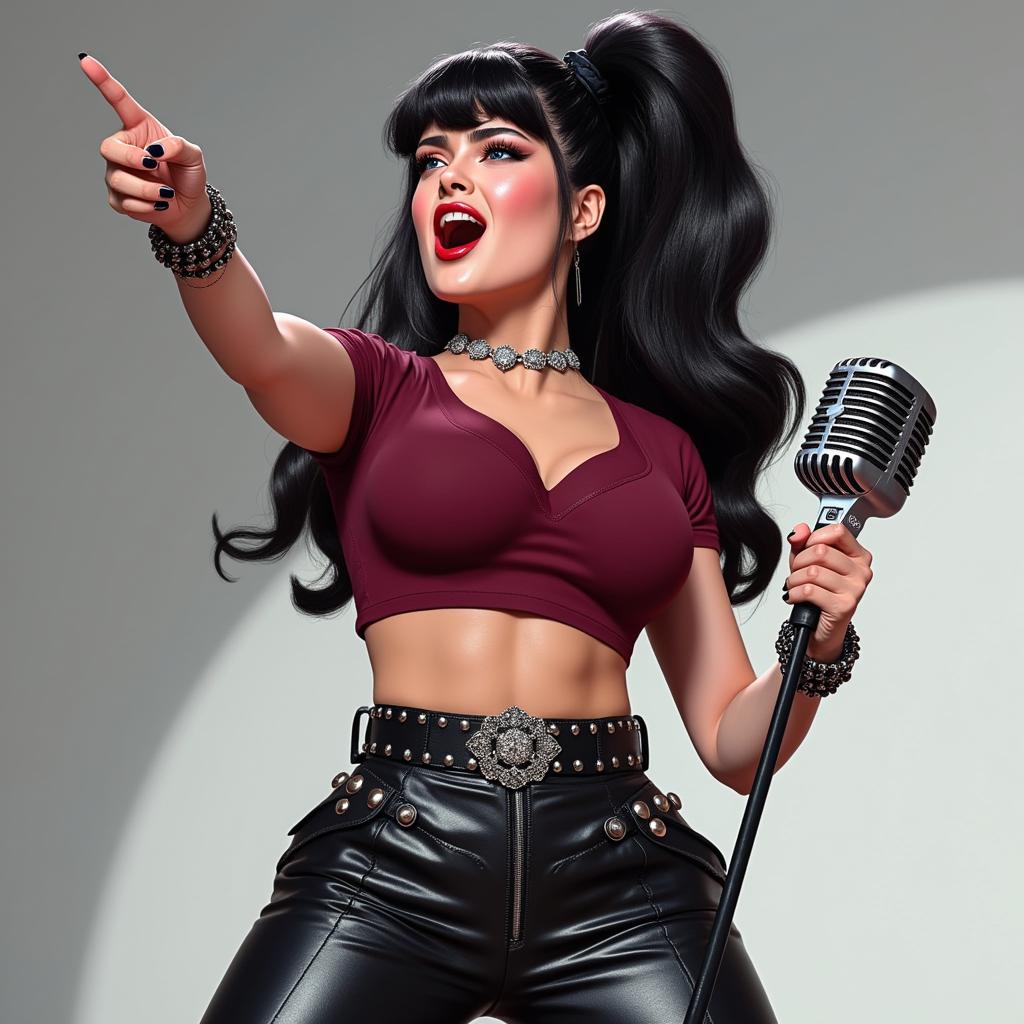 A stunning digital illustration in a hyper-realistic yet stylized pin-up  style, modern featuring a fierce young woman with long black hair tied in a high ponytail with a black scrunchie, her hair flowing dynamically with soft waves and highlights. She has intense blue eyes with heavy black eyeliner and mascara, arched eyebrows, full red lips parted in a passionate scream or song, sharp cheekbones, and fair skin with subtle blush and gloss. She's gripping a classic silver vintage microphone with black ridges in her right hand, pointing dramatically with her left index finger, nails painted black. She's dressed in a fitted dark red short-sleeved t-shirt tucked into high-waisted black leather pants with a wide studded silver belt, a sparkling diamond choker necklace, and multiple silver bracelets on her wrists. The pose is dynamic and energetic, leaning slightly forward as if performing on stage, with soft volumetric lighting casting gentle shadows and highlights on her form, against a smooth gradient gray-white studio background. High detail in textures like the shiny leather, metallic microphone, and glossy hair, vibrant colors with cool tones dominating, high contrast, 8k resolution, ultra-detailed, cinematic composition. a photo of SH72