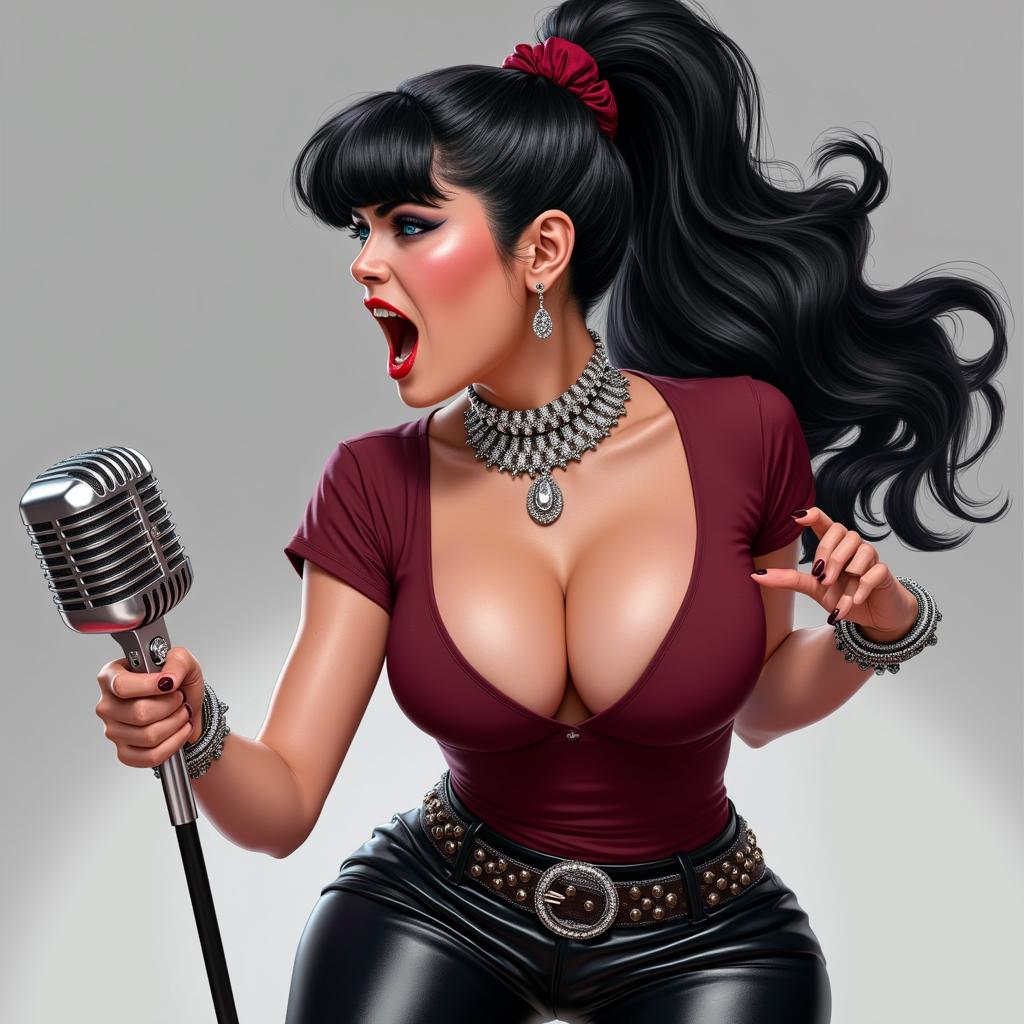 A stunning digital illustration in a hyper-realistic yet stylized pin-up  style, modern featuring a fierce young woman with long black hair tied in a high ponytail with a dark red scrunchie, her hair flowing dynamically with soft waves and highlights. She has intense blue eyes with heavy black eyeliner and mascara, arched eyebrows, full red lips parted in a passionate scream or song, sharp cheekbones, and fair skin with subtle blush and gloss. She's gripping a classic silver vintage microphone with black ridges in her right hand, nails painted black. She's dressed in a fitted dark red short-sleeved t-shirt tucked into high-waisted black leather pants with a wide studded silver belt, a sparkling diamond choker necklace, and multiple silver bracelets on her wrists. The pose is dynamic and energetic, leaning slightly forward as if performing on stage, with soft volumetric lighting casting gentle shadows and highlights on her form, against a smooth gradient gray-white studio background. High detail in textures like the shiny leather, metallic microphone, and glossy hair, vibrant colors with cool tones dominating, high contrast, 8k resolution, ultra-detailed, cinematic composition. a photo of SH72