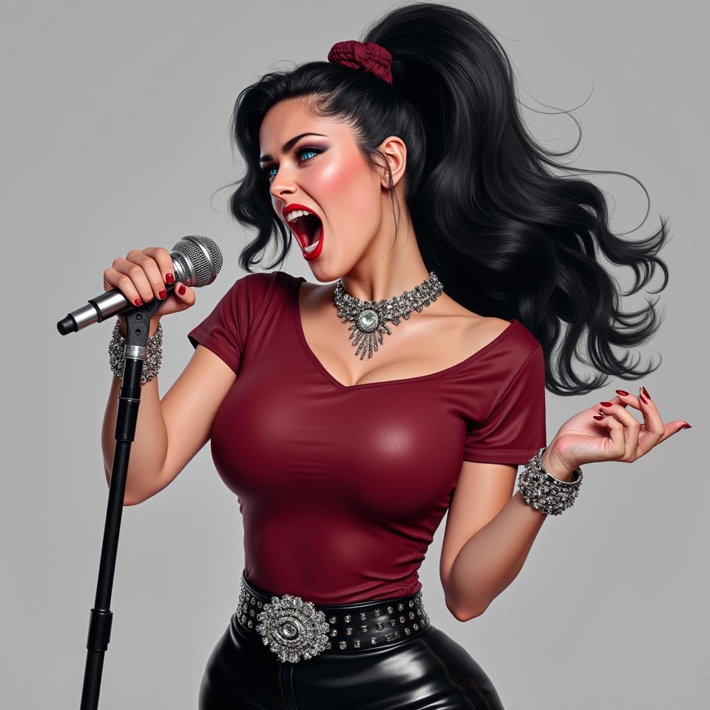 A stunning digital illustration in a hyper-realistic yet stylized pin-up  style, modern featuring a fierce young woman with long black hair tied in a high ponytail with a dark red scrunchie, her hair flowing dynamically with soft waves and highlights. She has intense blue eyes with heavy black eyeliner and mascara, arched eyebrows, full red lips parted in a passionate scream or song, sharp cheekbones, and fair skin with subtle blush and gloss. She's gripping a classic silver vintage microphone with black ridges in her right hand, nails painted black. She's dressed in a fitted dark red short-sleeved t-shirt tucked into high-waisted black leather pants with a wide studded silver belt, a sparkling diamond choker necklace, and multiple silver bracelets on her wrists. The pose is dynamic and energetic, leaning slightly forward as if performing on stage, with soft volumetric lighting casting gentle shadows and highlights on her form, against a smooth gradient gray-white studio background. High detail in textures like the shiny leather, metallic microphone, and glossy hair, vibrant colors with cool tones dominating, high contrast, 8k resolution, ultra-detailed, cinematic composition. a photo of SH72