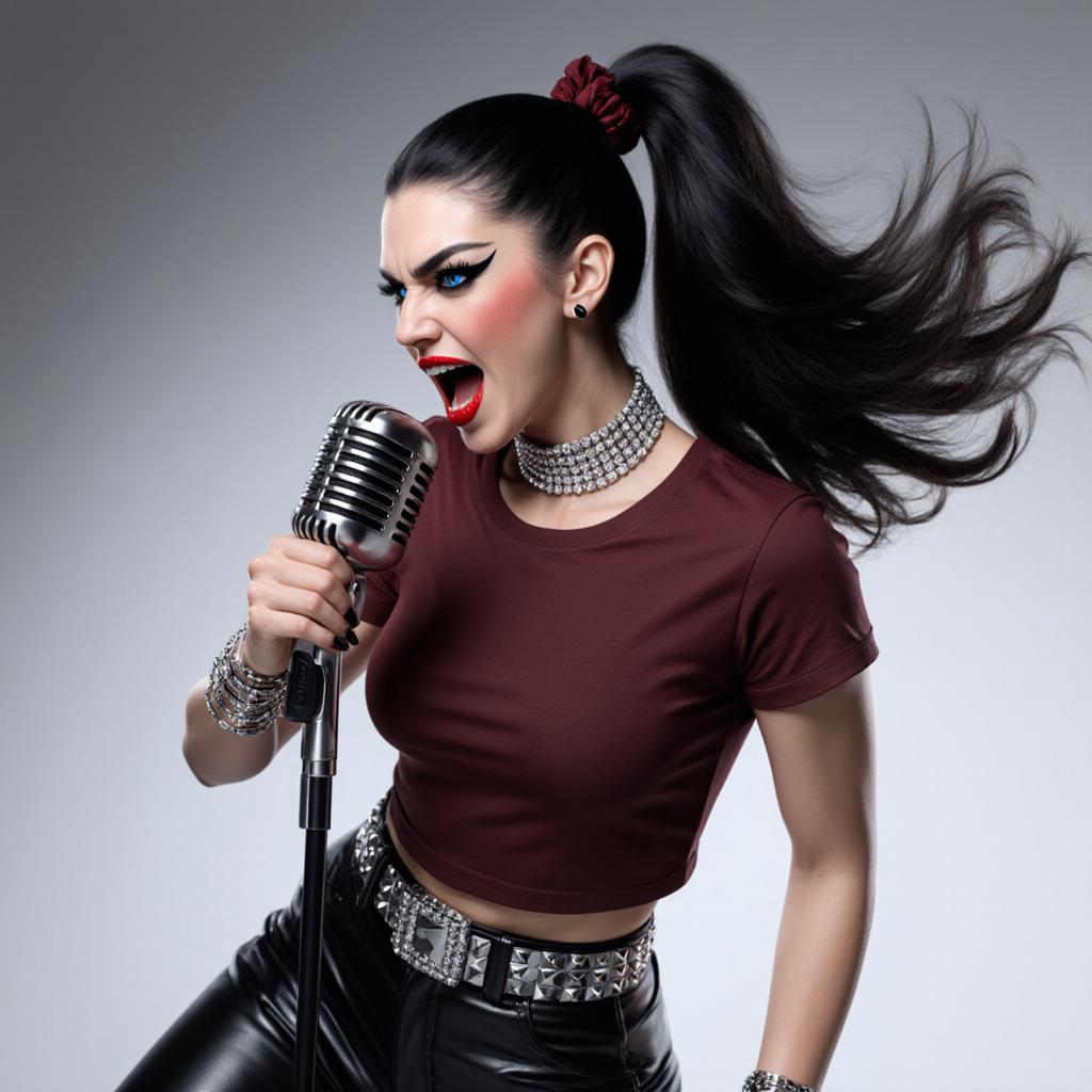 A stunning hyper-realistic yet stylized pin-up  style, modern featuring a fierce young "Salma Hayek" with long black hair tied in a high ponytail with a dark red scrunchie, her hair flowing dynamically with soft waves and highlights. She has intense blue eyes with heavy black eyeliner and mascara, arched eyebrows, full red lips parted in a passionate scream or song, sharp cheekbones, and fair skin with subtle blush and gloss. She's gripping a classic silver vintage microphone with black ridges in her right hand, nails painted black. She's dressed in a fitted dark red short-sleeved t-shirt tucked into high-waisted black leather pants with a wide studded silver belt, a sparkling diamond choker necklace, and multiple silver bracelets on her wrists. The pose is dynamic and energetic, leaning slightly forward as if performing on stage, with soft volumetric lighting casting gentle shadows and highlights on her form, against a smooth gradient gray-white studio background. High detail in textures like the shiny leather, metallic microphone, and glossy hair, vibrant colors with cool tones dominating, high contrast, 8k resolution, ultra-detailed, cinematic composition.