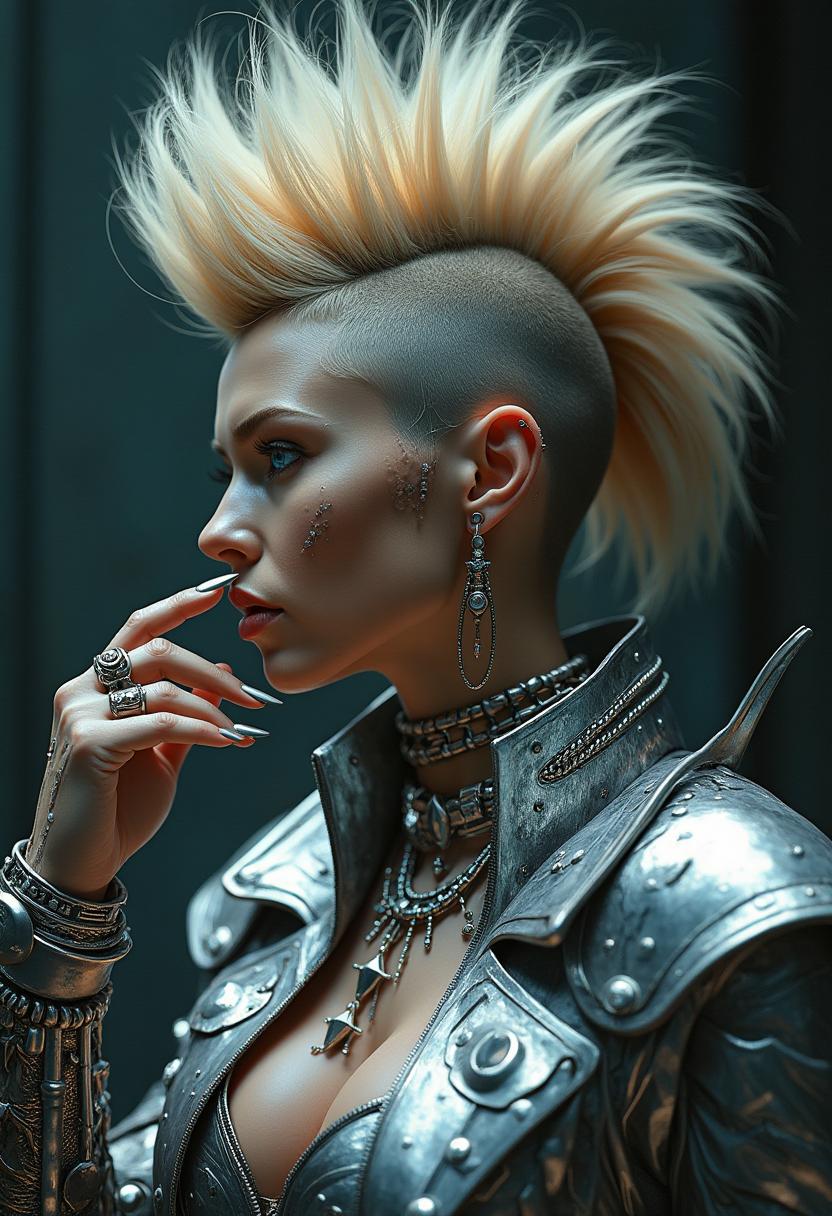 A highly detailed digital portrait of a fierce cyberpunk woman in profile view, facing left with a dramatic pose, her hand raised near her face with long metallic claw-like fingernails glinting in the light. She has an exaggerated tall blonde mohawk hairstyle, spiked and voluminous, interwoven with intricate silver metallic braids and cybernetic enhancements running along the shaved sides of her head. Her skin is pale and flawless, with subtle cybernetic implants like small jewels or circuits embedded around her eyes and cheeks, giving a glowing, ethereal sheen. Piercing blue eyes with a intense, seductive gaze, full lips slightly parted. She wears an elaborate futuristic outfit made of shiny silver metallic armor and jewelry: a high-collared jacket with layered shoulder pads, chains, and mechanical details; multiple stacked necklaces and chokers adorned with spikes, gears, and dangling ornaments; bracelets and rings with sharp, pointed designs. The overall art style is hyper-realistic CGI rendering in a cyberpunk aesthetic, inspired by artists like Beeple and Hajime Sorayama, with a dark moody background that emphasizes dramatic lighting, high contrast, metallic reflections, and subtle blue and silver color tones for a glossy, high-tech vibe. Ultra-detailed textures on metal surfaces, soft volumetric lighting highlighting contours, 8K resolution, photorealistic quality.
