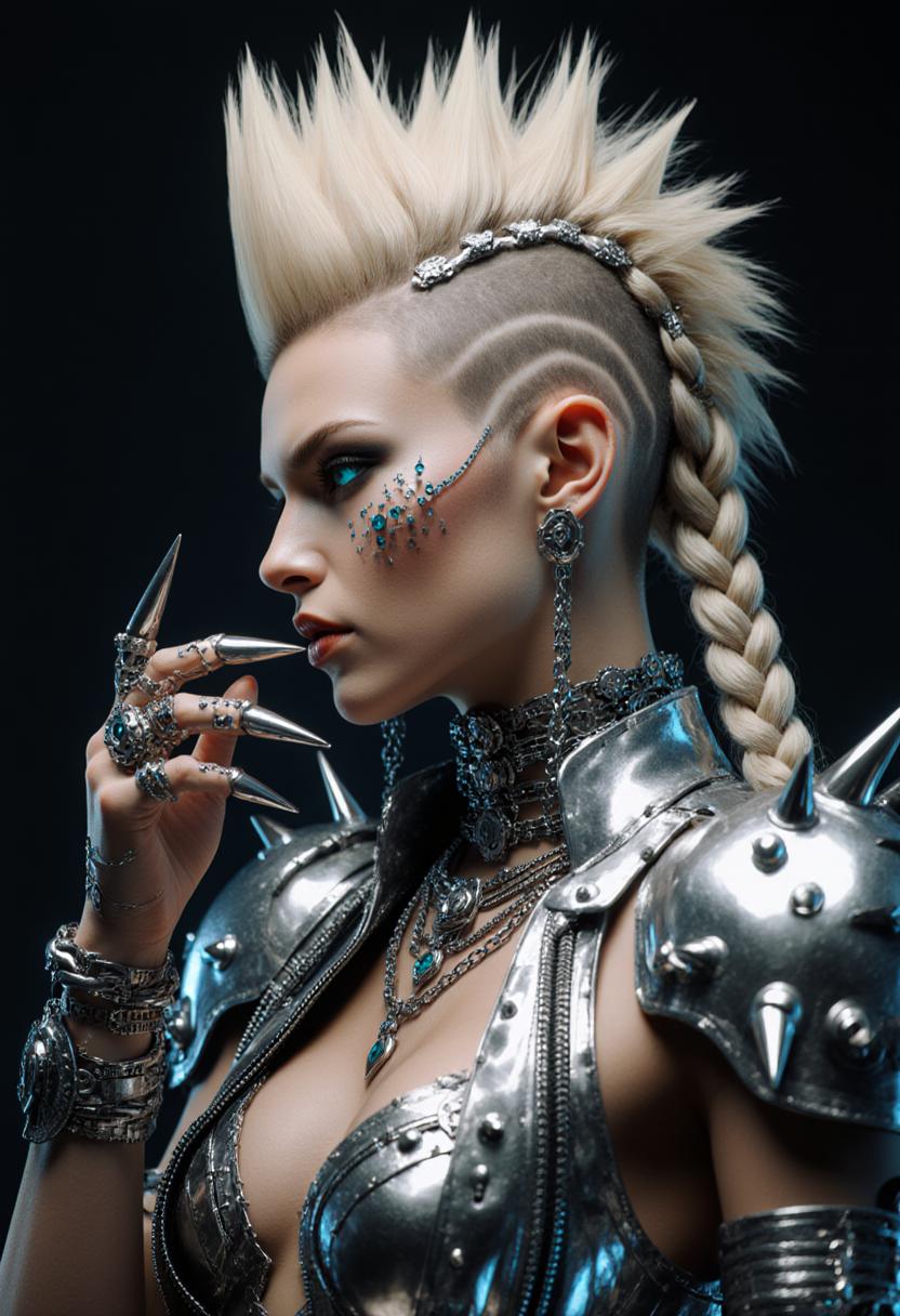 A highly detailed digital portrait of a fierce cyberpunk woman in profile view, facing left with a dramatic pose, her hand raised near her face with long metallic claw-like fingernails glinting in the light. She has an exaggerated tall blonde mohawk hairstyle, spiked and voluminous, interwoven with intricate silver metallic braids and cybernetic enhancements running along the shaved sides of her head. Her skin is tan and flawless, with subtle cybernetic implants like small jewels or circuits embedded around her eyes and cheeks, giving a glowing, ethereal sheen. Piercing blue eyes with a intense, seductive gaze, full lips slightly parted. She wears an elaborate futuristic outfit made of shiny silver metallic armor and jewelry: a high-collared jacket with layered shoulder pads, chains, and mechanical details; multiple stacked necklaces and chokers adorned with spikes, gears, and dangling ornaments; bracelets and rings with sharp, pointed designs. The overall art style is hyper-realistic CGI rendering in a cyberpunk aesthetic, inspired by artists like Hajime Sorayama, with a dark moody background that emphasizes dramatic lighting, high contrast, metallic reflections, and subtle blue and silver color tones for a glossy, high-tech vibe. Ultra-detailed textures on metal surfaces, soft volumetric lighting highlighting contours, 8K resolution, photorealistic quality.