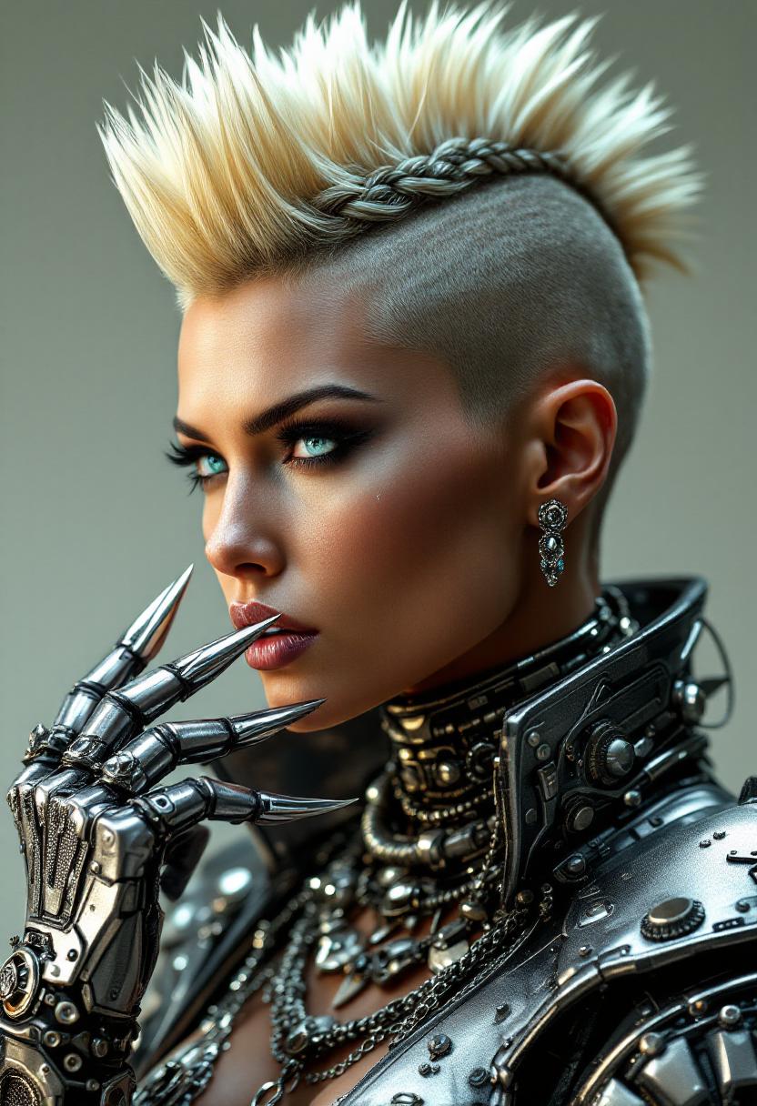 A highly detailed digital portrait of a fierce cyberpunk woman in profile view, facing left with a dramatic pose, her hand raised near her face with long metallic claw-like fingernails glinting in the light. She has an exaggerated tall blonde mohawk hairstyle, spiked and voluminous, interwoven with intricate silver metallic braids and cybernetic enhancements running along the shaved sides of her head. Her skin is tan and flawless, with subtle cybernetic implants like small jewels or circuits embedded around her eyes and cheeks, giving a glowing, ethereal sheen. Piercing blue eyes with a intense, seductive gaze, full lips slightly parted. She wears an elaborate futuristic outfit made of shiny silver metallic armor and jewelry: a high-collared jacket with layered shoulder pads, chains, and mechanical details; multiple stacked necklaces and chokers adorned with spikes, gears, and dangling ornaments; bracelets and rings with sharp, pointed designs. The overall art style is hyper-realistic CGI rendering in a cyberpunk aesthetic, inspired by artists like Hajime Sorayama, with a dark moody background that emphasizes dramatic lighting, high contrast, metallic reflections, and subtle blue and silver color tones for a glossy, high-tech vibe. Ultra-detailed textures on metal surfaces, soft volumetric lighting highlighting contours, 8K resolution, photorealistic quality.