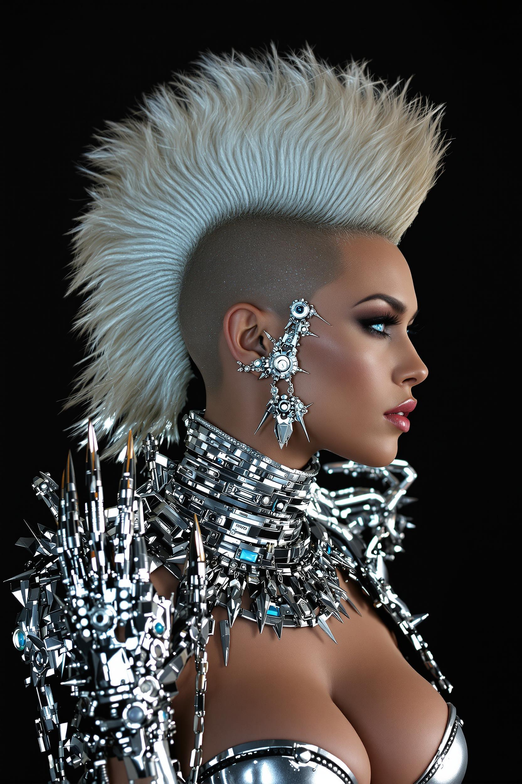 A highly detailed digital portrait of a fierce cyberpunk woman in profile view, facing left with a dramatic pose, her hand raised near her face with long metallic claw-like fingernails glinting in the light. She has an exaggerated tall blonde mohawk hairstyle, spiked and voluminous, interwoven with intricate silver metallic braids and cybernetic enhancements running along the shaved sides of her head. Her skin is tan and flawless, with subtle cybernetic implants like small jewels or circuits embedded around her eyes and cheeks, giving a glowing, ethereal sheen. Piercing blue eyes with a intense, seductive gaze, full lips slightly parted. She wears an elaborate futuristic outfit made of shiny silver metallic armor and jewelry: a high-collared jacket with layered shoulder pads, chains, and mechanical details; multiple stacked necklaces and chokers adorned with spikes, gears, and dangling ornaments; bracelets and rings with sharp, pointed designs. The overall art style is hyper-realistic CGI rendering in a cyberpunk aesthetic, inspired by artists like Hajime Sorayama, with a dark moody background that emphasizes dramatic lighting, high contrast, metallic reflections, and subtle blue and silver color tones for a glossy, high-tech vibe. Ultra-detailed textures on metal surfaces, soft volumetric lighting highlighting contours, 8K resolution, photorealistic quality.