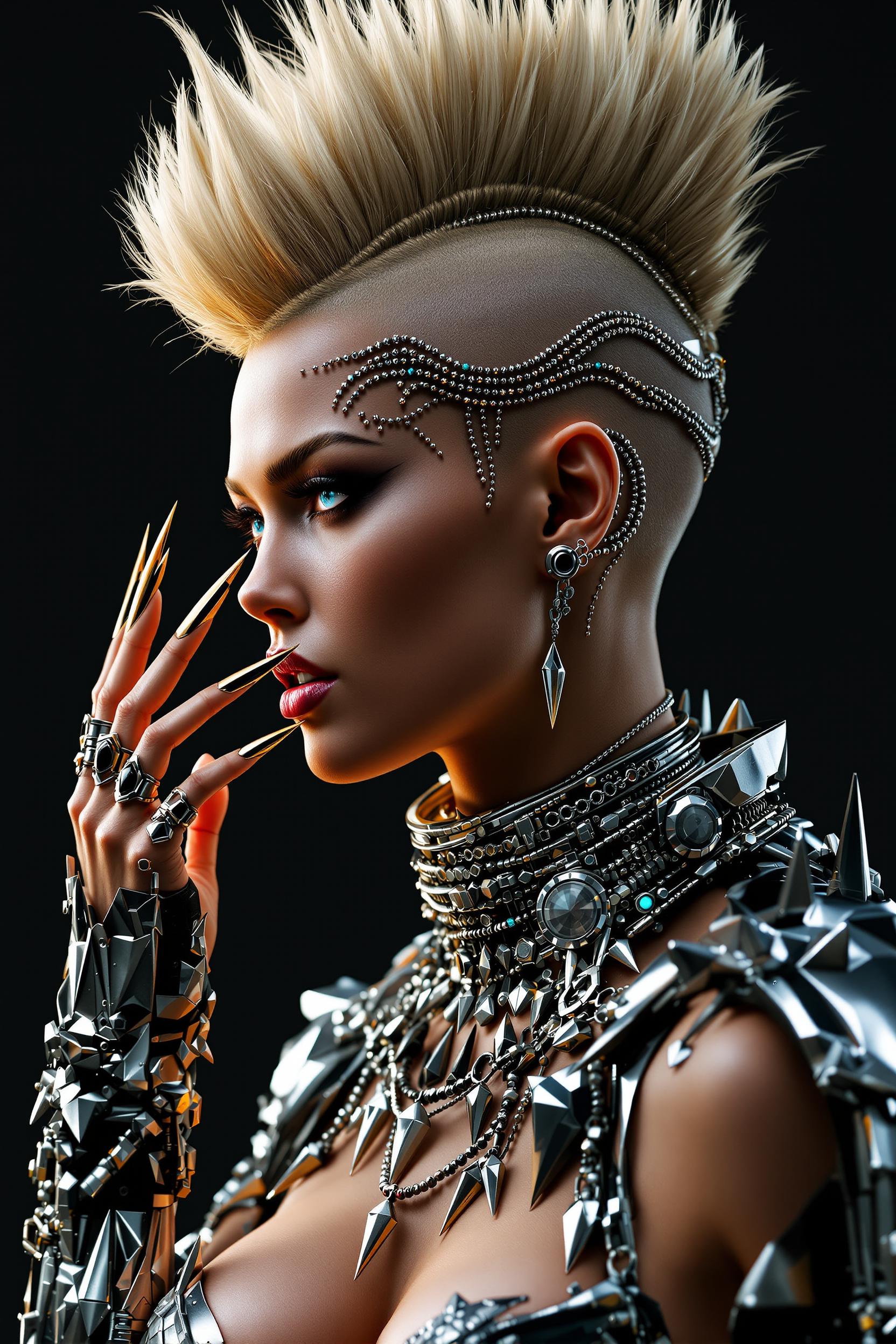 A highly detailed digital portrait of a fierce cyberpunk woman in profile view, facing left with a dramatic pose, her hand raised near her face with long metallic claw-like fingernails glinting in the light. She has an exaggerated tall blonde mohawk hairstyle, spiked and voluminous, interwoven with intricate silver metallic braids and cybernetic enhancements running along the shaved sides of her head. Her skin is tan and flawless, with subtle cybernetic implants like small jewels or circuits embedded around her eyes and cheeks, giving a glowing, ethereal sheen. Piercing blue eyes with a intense, seductive gaze, full lips slightly parted. She wears an elaborate futuristic outfit made of shiny silver metallic armor and jewelry: a high-collared jacket with layered shoulder pads, chains, and mechanical details; multiple stacked necklaces and chokers adorned with spikes, gears, and dangling ornaments; bracelets and rings with sharp, pointed designs. The overall art style is hyper-realistic CGI rendering in a cyberpunk aesthetic, inspired by artists like Hajime Sorayama, with a dark moody background that emphasizes dramatic lighting, high contrast, metallic reflections, and subtle blue and silver color tones for a glossy, high-tech vibe. Ultra-detailed textures on metal surfaces, soft volumetric lighting highlighting contours, 8K resolution, photorealistic quality.