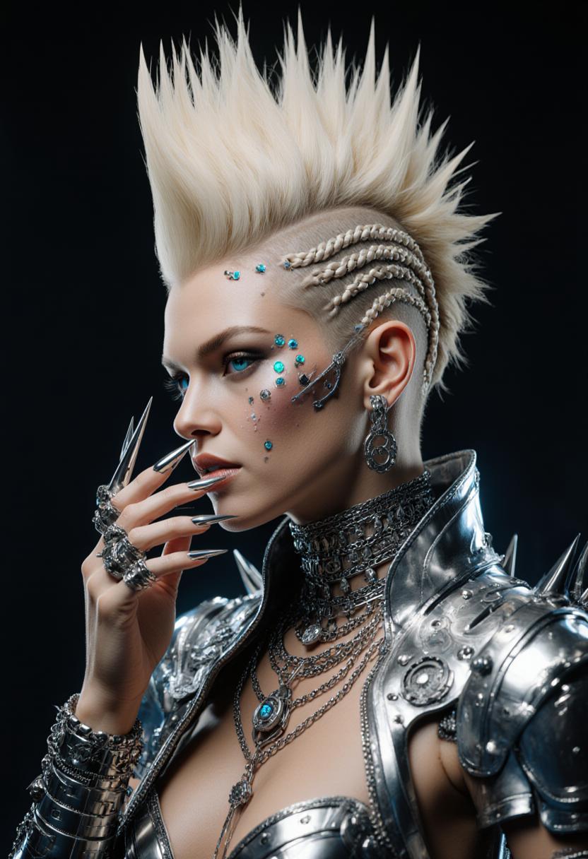 A highly detailed digital portrait of 'Marilyn Monroe" a fierce cyberpunk woman in profile view, facing left with a dramatic pose, her hand raised near her face with long metallic claw-like fingernails glinting in the light. She has an exaggerated tall blonde mohawk hairstyle, spiked and voluminous, interwoven with intricate silver metallic braids and cybernetic enhancements running along the shaved sides of her head. Her skin is tan and flawless, with subtle cybernetic implants like small jewels or circuits embedded around her eyes and cheeks, giving a glowing, ethereal sheen. Piercing blue eyes with a intense, seductive gaze, full lips slightly parted. She wears an elaborate futuristic outfit made of shiny silver metallic armor and jewelry: a high-collared jacket with layered shoulder pads, chains, and mechanical details; multiple stacked necklaces and chokers adorned with spikes, gears, and dangling ornaments; bracelets and rings with sharp, pointed designs. The overall art style is hyper-realistic CGI rendering in a cyberpunk aesthetic, inspired by artists like Hajime Sorayama, with a dark moody background that emphasizes dramatic lighting, high contrast, metallic reflections, and subtle blue and silver color tones for a glossy, high-tech vibe. Ultra-detailed textures on metal surfaces, soft volumetric lighting highlighting contours, 8K resolution, photorealistic quality. a photo of Marilyn Monroe