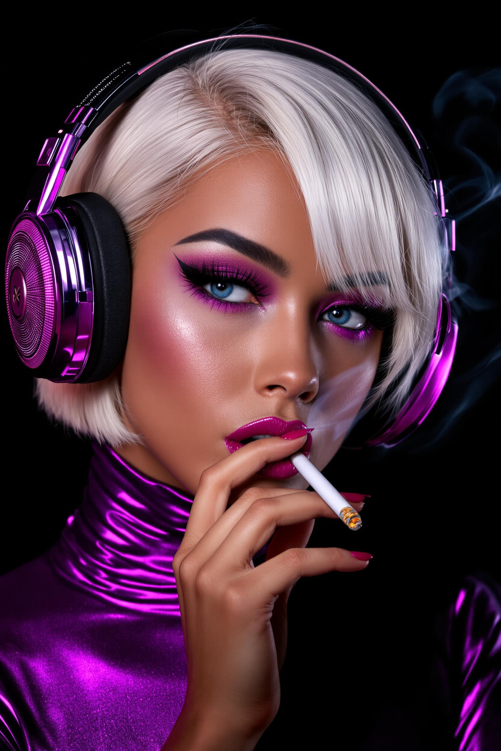 A highly detailed digital portrait of a glamorous young woman with "Tan" skin, and platinum blonde hair styled in a sleek bob, wearing oversized purple metallic headphones adorned with subtle sparkles. She has dramatic makeup, bold purple eyeshadow with shimmering highlights, thick black eyeliner, and glossy pink lips slightly parted. She holds a lit cigarette delicately between her fingers, exhaling a thin trail of swirling white smoke that drifts upward against a deep black background. Her expression is confident and seductive, with piercing blue eyes gazing directly at the viewer. She wears a shiny, form-fitting purple metallic turtleneck top that reflects light with a glossy, latex-like sheen. The art style is hyper-realistic digital painting in a cyberpunk glamour aesthetic, reminiscent of artists like Alphonse Mucha meets modern fashion photography, with vibrant neon purples, and silvers dominating the color palette, high contrast lighting from an unseen source casting dramatic shadows and highlights, ultra-high resolution, intricate details on textures like the headphone cushions and fabric sheen, cinematic composition focused on her face and upper body.