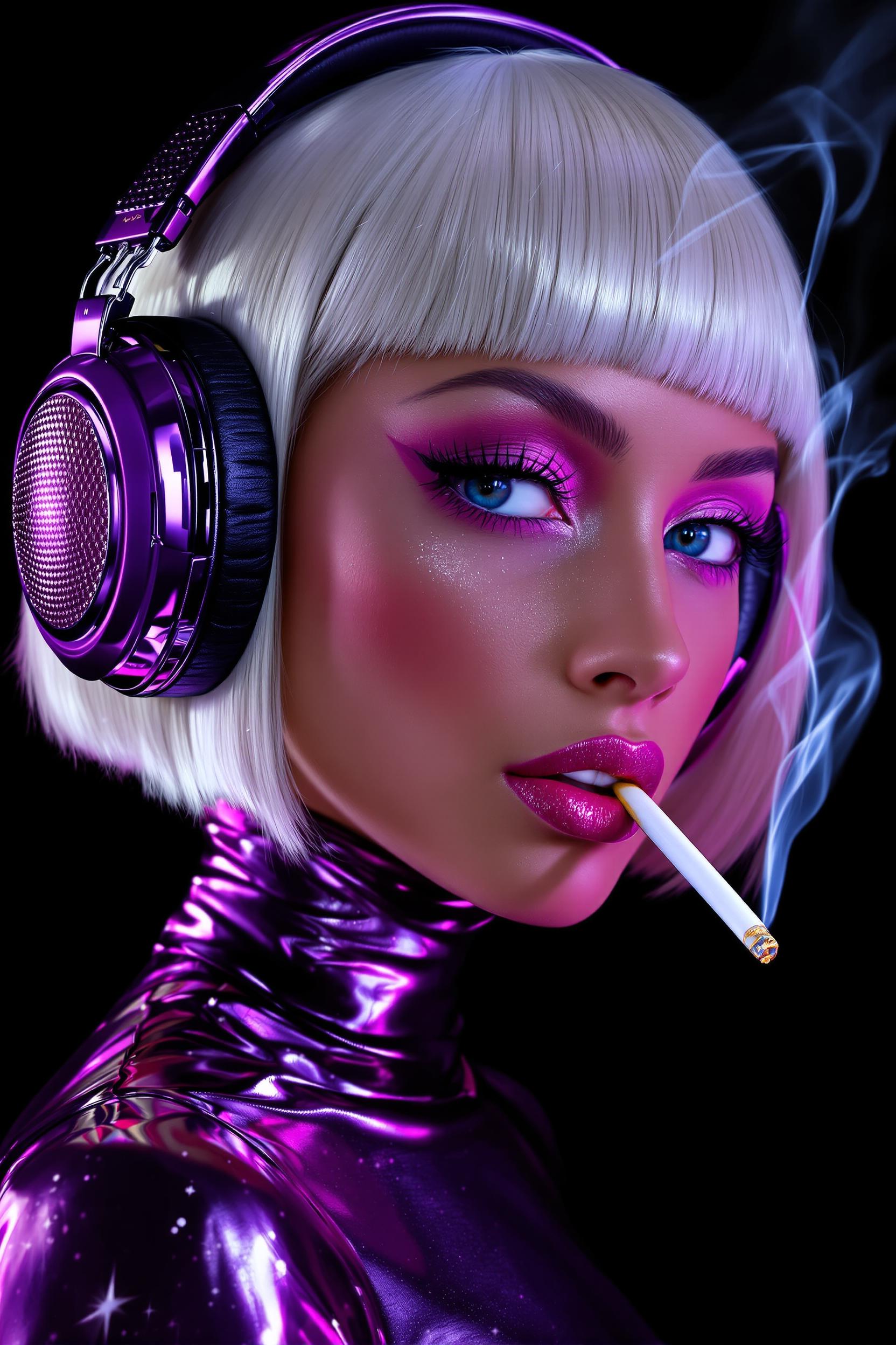 A highly detailed digital portrait of a glamorous young woman with "Tan" skin, and platinum blonde hair styled in a sleek bob, wearing oversized purple metallic headphones adorned with subtle sparkles. She has dramatic makeup, bold purple eyeshadow with shimmering highlights, thick black eyeliner, and glossy pink lips slightly parted. She holds a lit cigarette delicately between her fingers, exhaling a thin trail of swirling white smoke that drifts upward against a deep black background. Her expression is confident and seductive, with piercing blue eyes gazing directly at the viewer. She wears a shiny, form-fitting purple metallic turtleneck top that reflects light with a glossy, latex-like sheen. The art style is hyper-realistic digital painting in a cyberpunk glamour aesthetic, reminiscent of artists like Alphonse Mucha meets modern fashion photography, with vibrant neon purples, and silvers dominating the color palette, high contrast lighting from an unseen source casting dramatic shadows and highlights, ultra-high resolution, intricate details on textures like the headphone cushions and fabric sheen, cinematic composition focused on her face and upper body.
