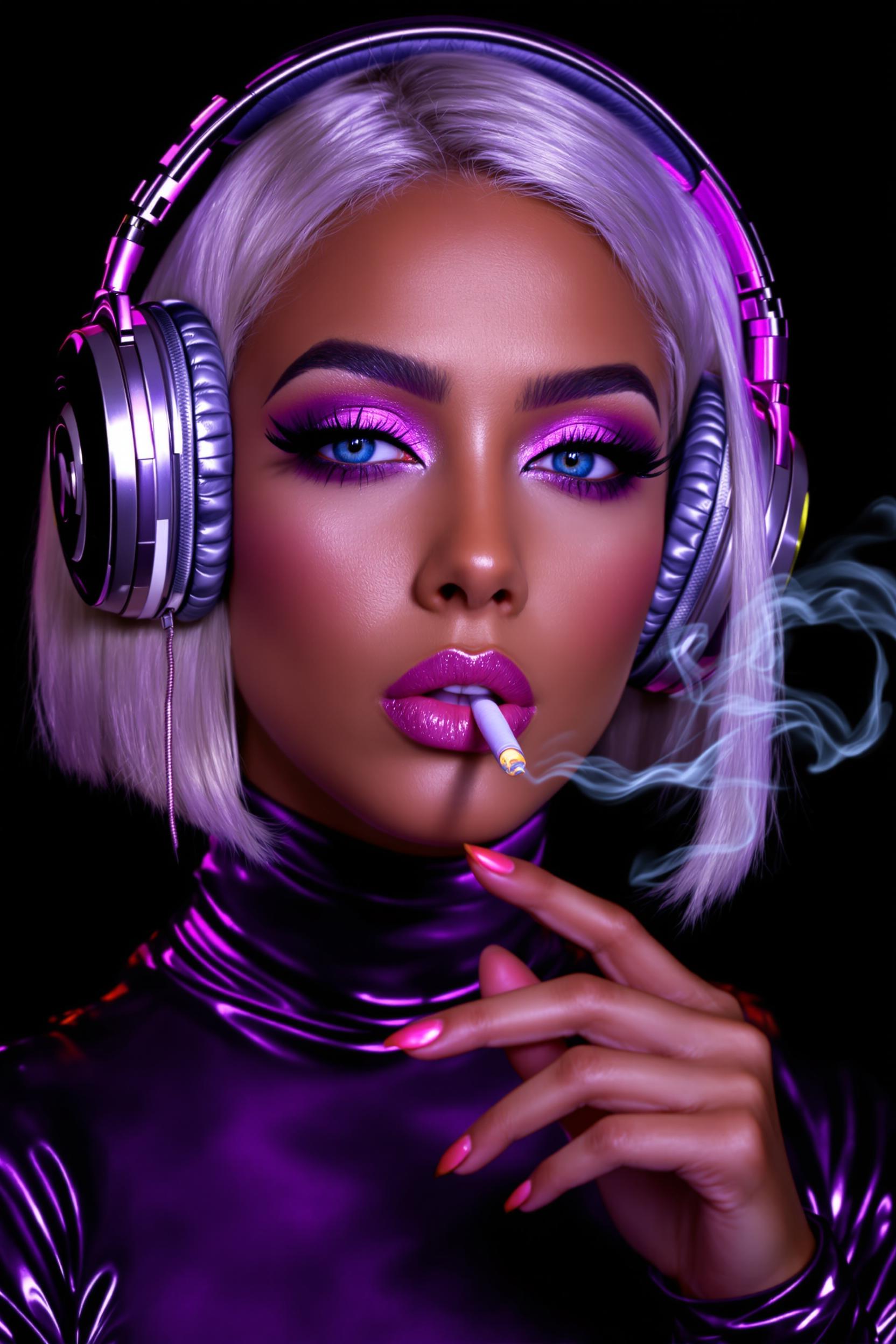 A highly detailed digital portrait of a glamorous young woman with "Tan" skin, and platinum blonde hair styled in a sleek bob, wearing oversized purple metallic headphones adorned with subtle sparkles. She has dramatic makeup, bold purple eyeshadow with shimmering highlights, thick black eyeliner, and glossy pink lips slightly parted. She holds a lit cigarette delicately between her fingers, exhaling a thin trail of swirling white smoke that drifts upward against a deep black background. Her expression is confident and seductive, with piercing blue eyes gazing directly at the viewer. She wears a shiny, form-fitting purple metallic turtleneck top that reflects light with a glossy, latex-like sheen. The art style is hyper-realistic digital painting in a cyberpunk glamour aesthetic, reminiscent of artists like Alphonse Mucha meets modern fashion photography, with vibrant neon purples, and silvers dominating the color palette, high contrast lighting from an unseen source casting dramatic shadows and highlights, ultra-high resolution, intricate details on textures like the headphone cushions and fabric sheen, cinematic composition focused on her face and upper body.