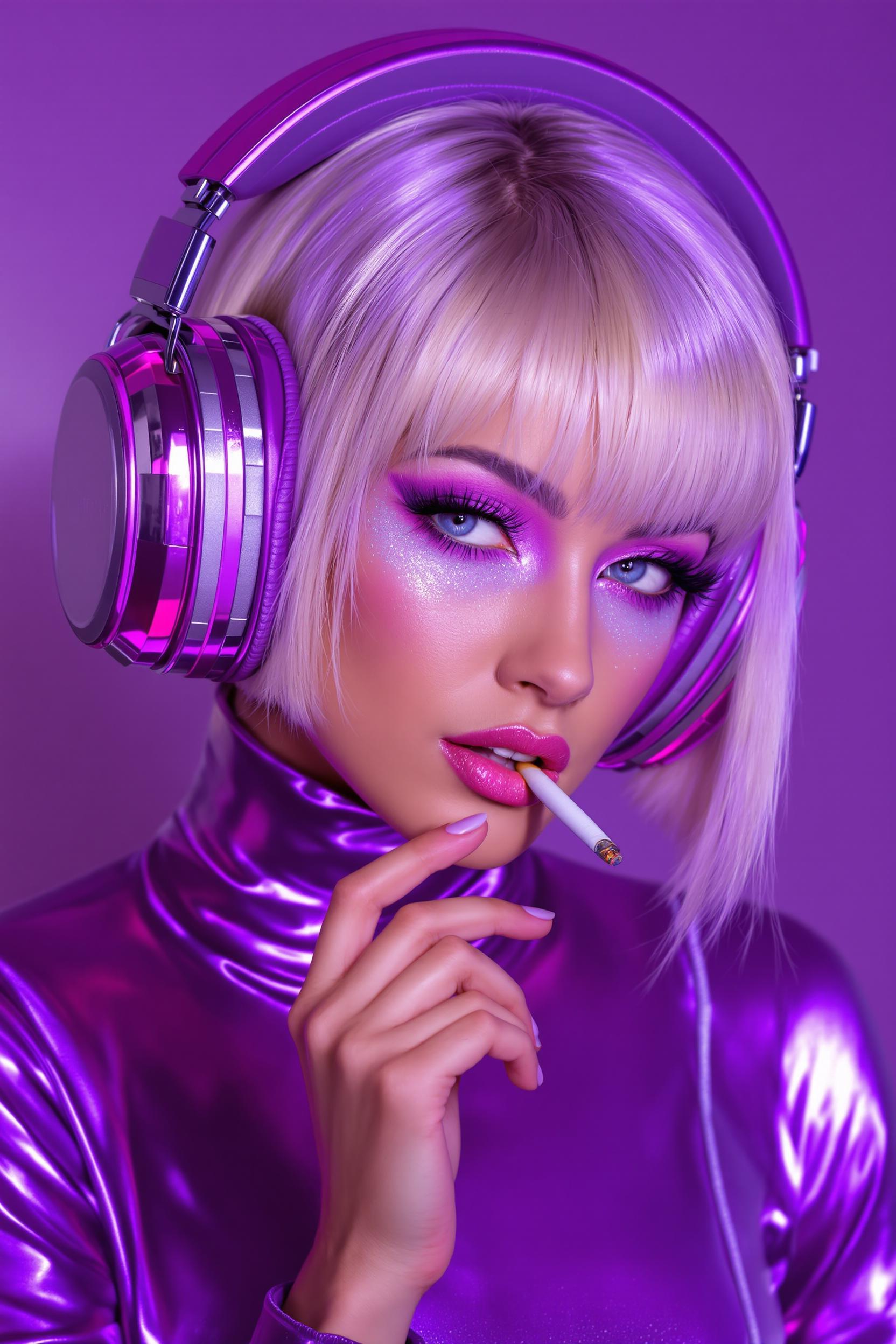 A highly detailed digital portrait of a glamorous young woman with "Tan" skin, and platinum blonde hair styled in a sleek bob, wearing oversized purple metallic headphones adorned with subtle sparkles. She has dramatic makeup, bold purple eyeshadow with shimmering highlights, thick black eyeliner, and glossy pink lips slightly parted. She holds a lit cigarette delicately between her fingers, Her expression is confident and seductive, with piercing blue eyes gazing directly at the viewer. She wears a shiny, form-fitting purple metallic turtleneck top that reflects light with a glossy, latex-like sheen. The art style is hyper-realistic digital painting in a cyberpunk glamour aesthetic, reminiscent of artists like Alphonse Mucha meets modern fashion photography, with vibrant neon purples, and silvers dominating the color palette, high contrast lighting from an unseen source casting dramatic shadows and highlights, ultra-high resolution, intricate details on textures like the headphone cushions and fabric sheen, cinematic composition focused on her face and upper body.
