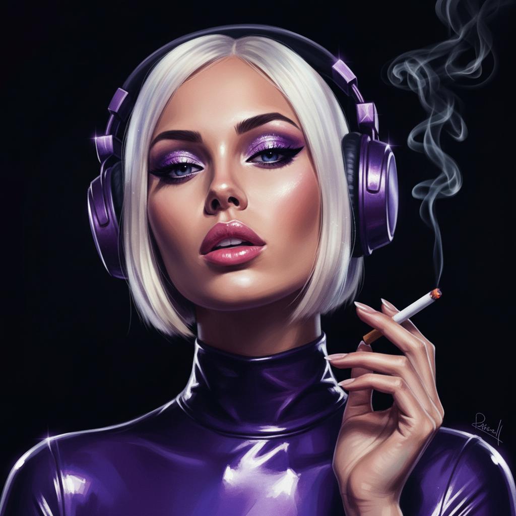 {
  "SHOT COMPOSITION": "A medium close-up shot captured with a Canon 5D camera using an 85mm portrait lens, featuring shallow depth of field to sharply focus on the subject's face and upper body while softly blurring the deep black background, creating an intimate and cinematic composition that draws the viewer into her piercing gaze.",
  "SUBJECT & WARDROBE": "The subject is a glamorous young woman with tan skin and platinum blonde hair styled in a sleek bob, wearing oversized purple metallic headphones adorned with subtle sparkles; she has dramatic makeup including bold purple eyeshadow with shimmering highlights, thick black eyeliner, and glossy pink lips slightly parted; she holds a lit cigarette delicately between her fingers, exhaling a thin trail of swirling white smoke that drifts upward, her expression confident and seductive with piercing blue eyes gazing directly at the viewer; she wears a shiny, form-fitting purple metallic turtleneck top that reflects light with a glossy, latex-like sheen.",
  "SCENE SETTING": "Set against a deep black background in a dimly lit, futuristic studio environment during nighttime, illuminated by high contrast lighting from an unseen neon source casting dramatic shadows and highlights, evoking a cyberpunk glamour tone that is intimate and vibrant with dominant vibrant neon purples and silvers in the color palette.",
  "VISUAL STYLE": "Hyper-realistic digital painting in a cyberpunk glamour aesthetic reminiscent of Alphonse Mucha meets modern fashion photography, with ultra-high resolution, intricate details on textures like the headphone cushions and fabric sheen, grain texture for a cinematic film look, and high contrast color grading to enhance the dramatic and seductive vibe."
}