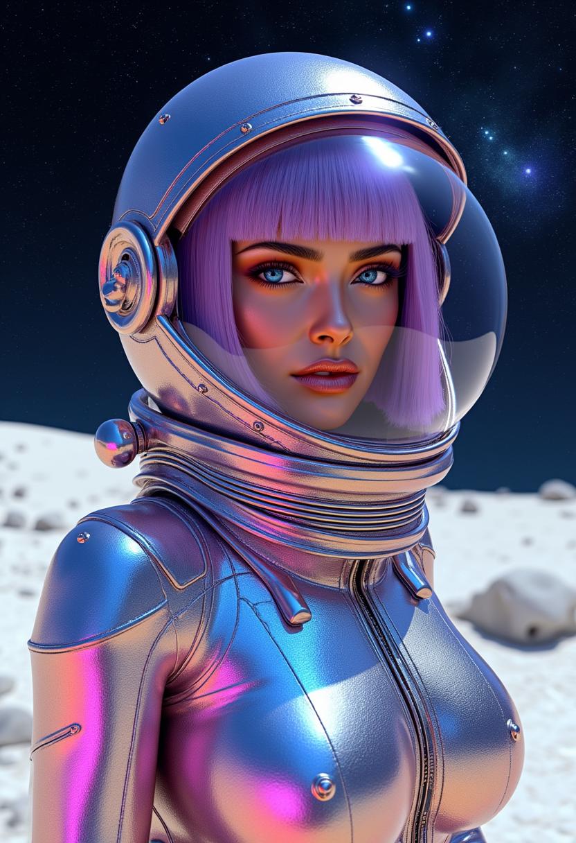 A highly detailed digital illustration in a hyper-realistic yet futuristic cyberpunk style, rendered in vibrant CGI medium with glossy reflections and holographic effects, featuring a young woman astronaut with flawless "Tan" skin, sharp angular features, intense smoky eye makeup in deep purples and blacks, arched eyebrows, long lashes, and shimmering gold metallic lips pursed in a confident pout. She has short, straight lavender-purple hair styled in a blunt bob cut, visible inside a transparent bubble helmet that reflects stars and cosmic lights. The helmet is part of a sleek, form-fitting spacesuit made of iridescent, rainbow-hued metallic fabric that shifts colors from silver to pink, blue, and purple under the light, with intricate seams, glowing accents, and modular panels. She gazes directly at the viewer with piercing blue eyes, evoking a sense of mystery and allure. The background is a desolate lunar landscape with powdery white sand, scattered gray rocks and craters under a vast black starry sky dotted with twinkling stars and nebulae, subtle blue and purple gradients in the atmosphere, soft volumetric lighting from an unseen source casting ethereal glows and lens flares. Overall color palette dominated by cool silvers, vibrant purples, golds, and deep space blacks, in ultra-high resolution with sharp focus on facial details and suit textures, inspired by artists like Alphonse Mucha and modern digital sci-fi renders. a photo of SH72