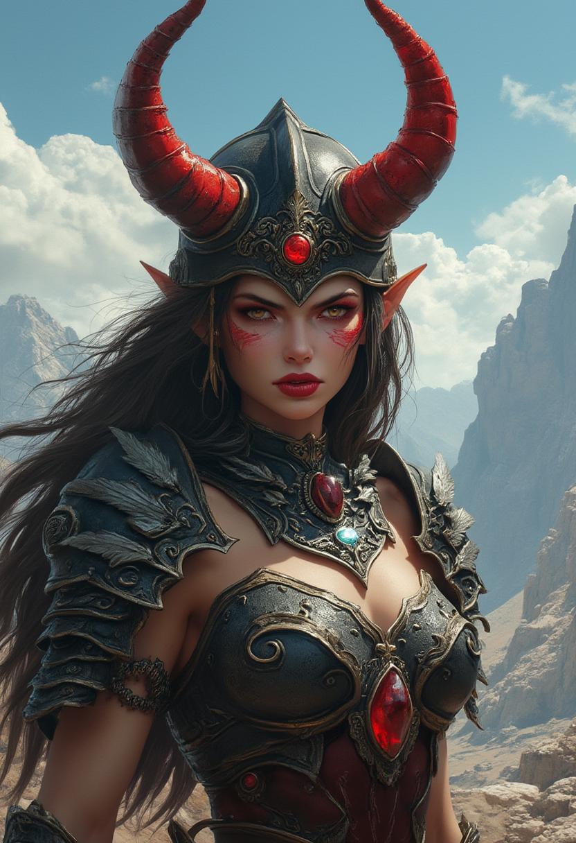 A fierce female demon warrior standing in a vast, rugged mountainous landscape under a bright blue sky with scattered white clouds, dramatic lighting casting subtle shadows on rocky terrain and distant peaks. She has pale skin, intense red facial markings around her piercing eyes, bold red lipstick, and long dark brown hair flowing from beneath an ornate black helmet adorned with large curved horns tipped in red, intricate gold filigree patterns, and a central red gem on the forehead. Her armor is highly detailed black and red plate mail with elaborate engravings, shoulder pauldrons featuring swirling designs and feathers, a prominent blue-green gem embedded in the chest piece, and metallic accents in gold and crimson. Realistic fantasy art style, photorealistic rendering with high dynamic range, vibrant color palette emphasizing deep blacks, fiery reds, metallic sheens, and earthy browns, cinematic composition with sharp focus on her stoic expression and intricate armor details, ultra-high resolution, inspired by artists like Frank Frazetta and digital fantasy illustrators.