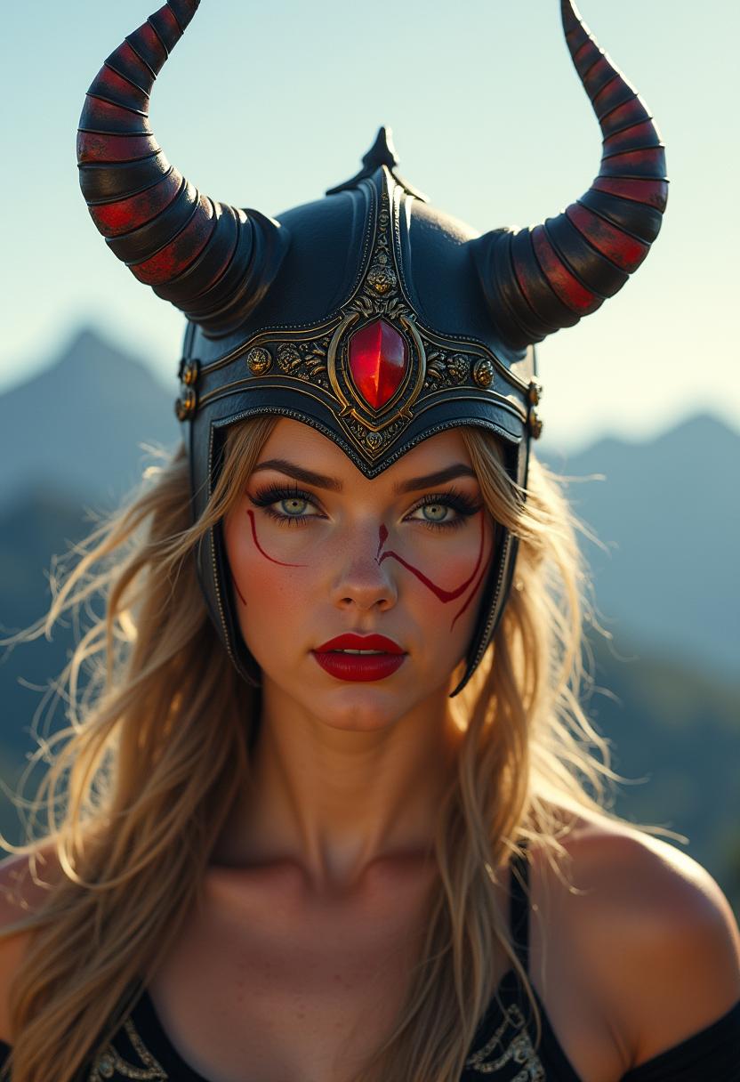 {
  "SHOT COMPOSITION": "Wide shot capturing the full figure of the warrior against the expansive landscape, using a 24mm wide-angle lens on a Sony A7S III camera for immersive depth, with shallow depth of field to keep sharp focus on her while softly blurring the distant peaks.",
  "SUBJECT & WARDROBE": "A fierce female demon warrior with tan skin, intense red facial markings framing her piercing eyes, bold red lipstick, and long blonde hair cascading from under an ornate black helmet featuring large curved horns tipped in red, intricate gold filigree patterns, and a central red TOKSWIFTIE