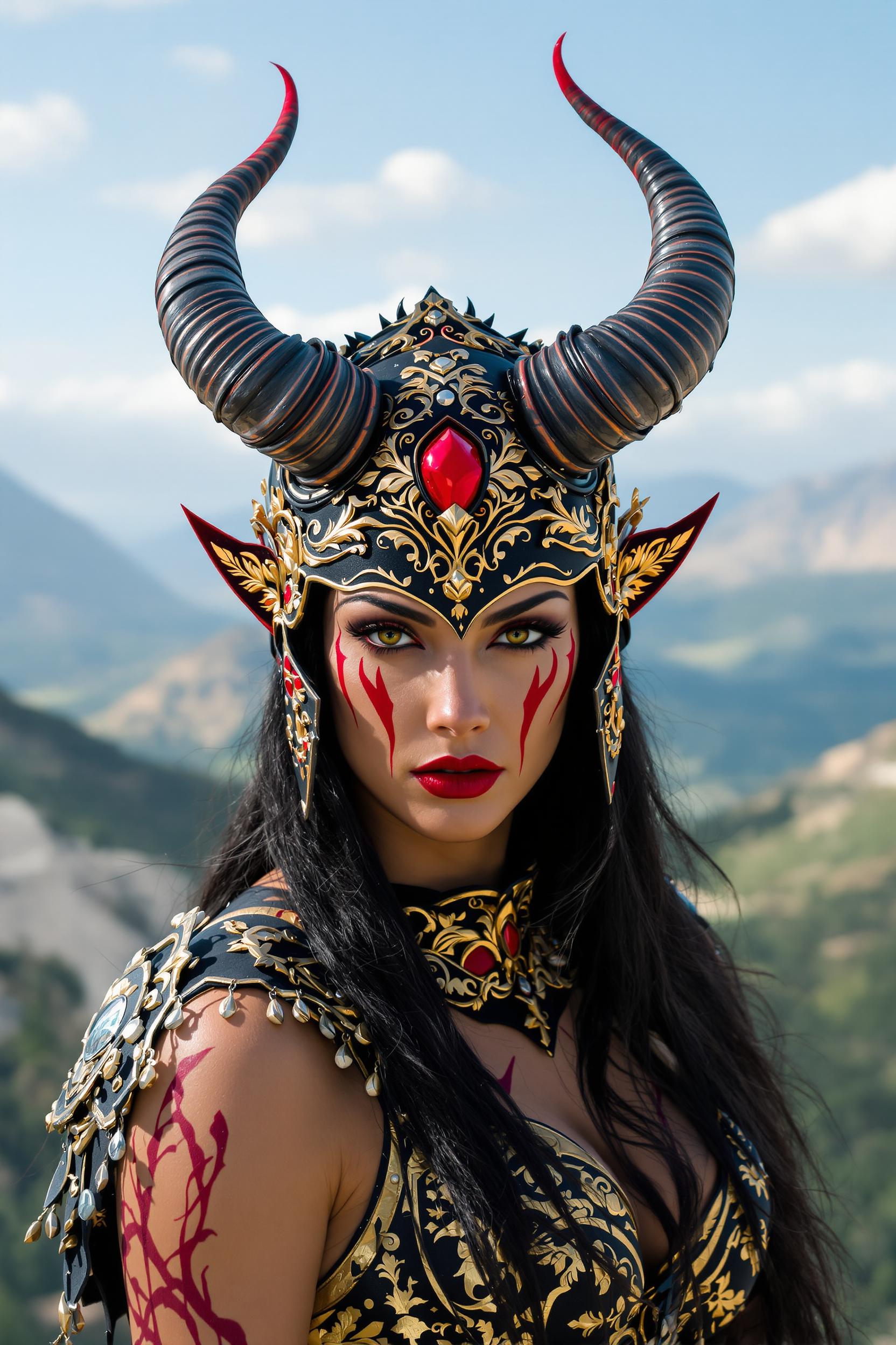 {
  "SHOT COMPOSITION": "Wide shot capturing the full figure of the warrior against the expansive landscape, using a 24mm wide-angle lens on a Sony A7S III camera for immersive depth, with shallow depth of field to keep sharp focus on her while softly blurring the distant peaks.",
  "SUBJECT & WARDROBE": "A fierce female demon warrior"Salma Hayek" with tan skin, intense red facial markings framing her piercing eyes, bold red lipstick, and long dark black hair cascading from under an ornate black helmet featuring large curved horns tipped in red, intricate gold filigree patterns, and a central red!