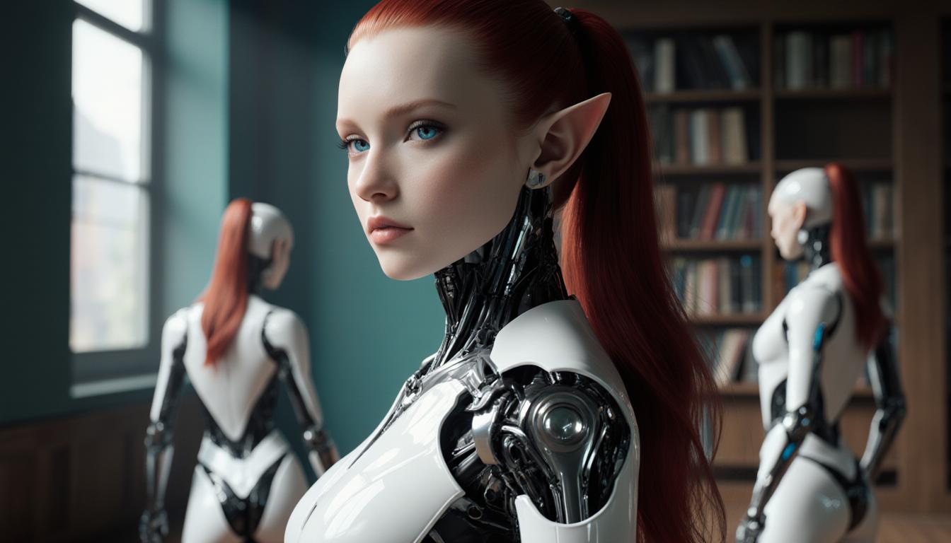 A highly detailed, photorealistic digital rendering in a sci-fi cyberpunk style, featuring a central female android with striking red hair styled in a high ponytail, pointed elf-like ears, pale skin, sharp blue eyes, and a serious, contemplative expression on her face. She wears a form-fitting white and black futuristic bodysuit with glossy metallic accents, exposed large cleavage, mechanical neck and shoulder joints, and robotic arm enhancements. In the background, two similar white android figures stand partially out of focus: one facing away with a smooth robotic head and curvaceous body, the other in profile with visible mechanical seams. The scene is set in a dimly lit library room with teal-green walls, tall wooden bookshelves filled with books, a large window allowing soft natural daylight to filter in, creating subtle shadows and highlights. Emphasize hyper-realistic textures like smooth porcelain-like skin on the androids, reflective metallic surfaces, flowing red hair with dynamic strands, and intricate mechanical details such as glowing seams and articulated joints. Composition: close-up on the central figure turning slightly toward the viewer, with depth of field blurring the background elements, in a 16:9 aspect ratio, ultra-high resolution, cinematic lighting with cool tones and warm accents from the hair.
